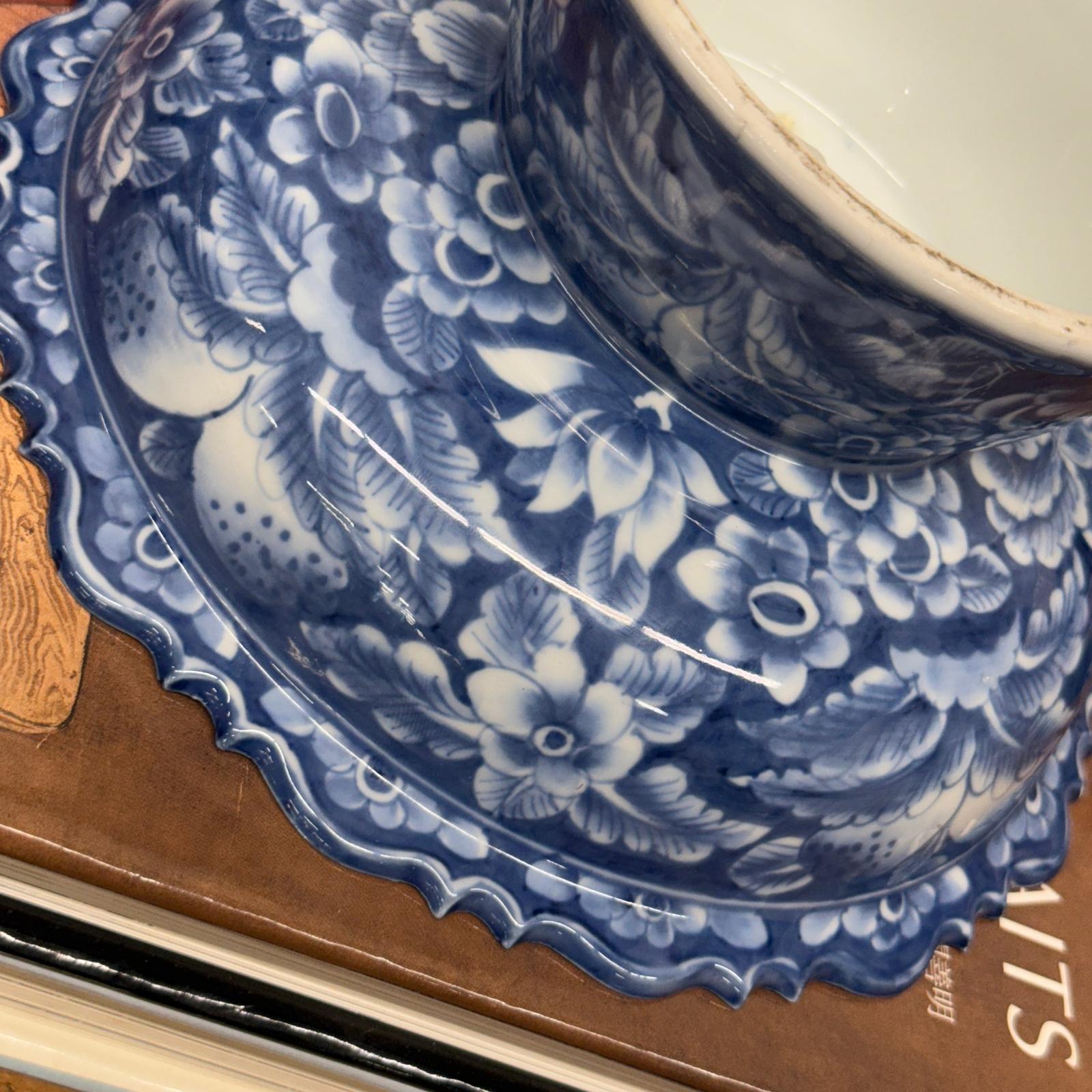 Blue and White Scalloped Ceramic Pedestal Display Dish - FEA Home