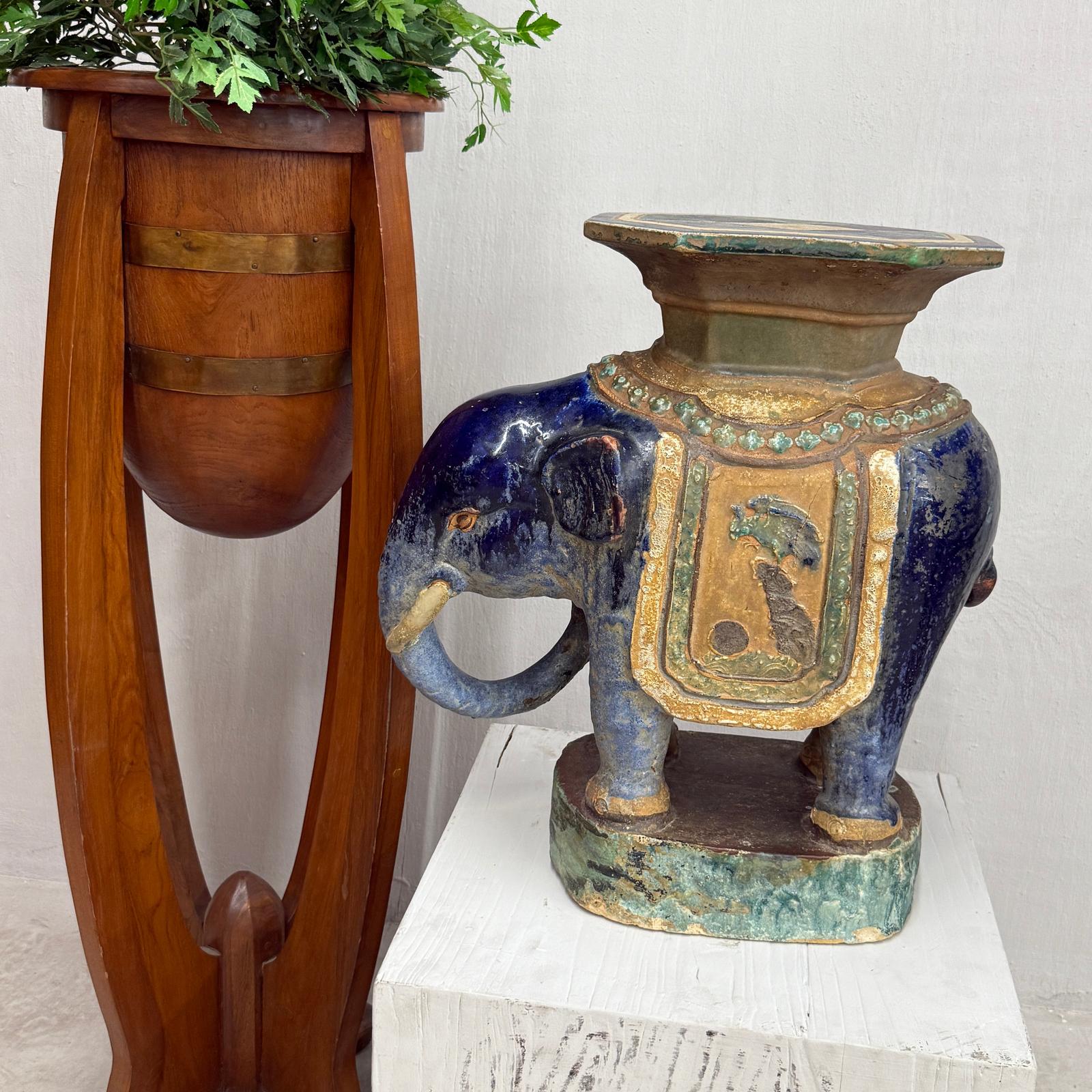 Blue Ceramic Elephant Pedestal Stand - FEA Home