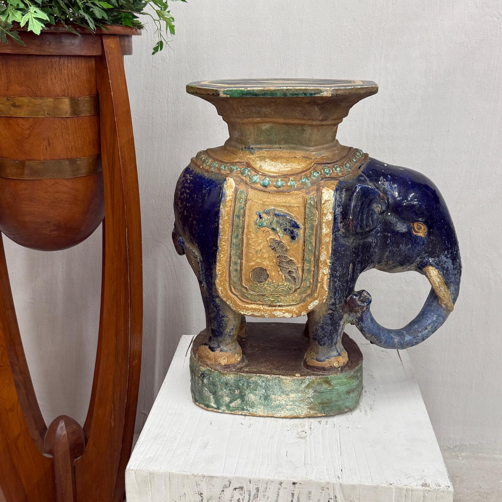 Blue Ceramic Elephant Pedestal Stand - FEA Home