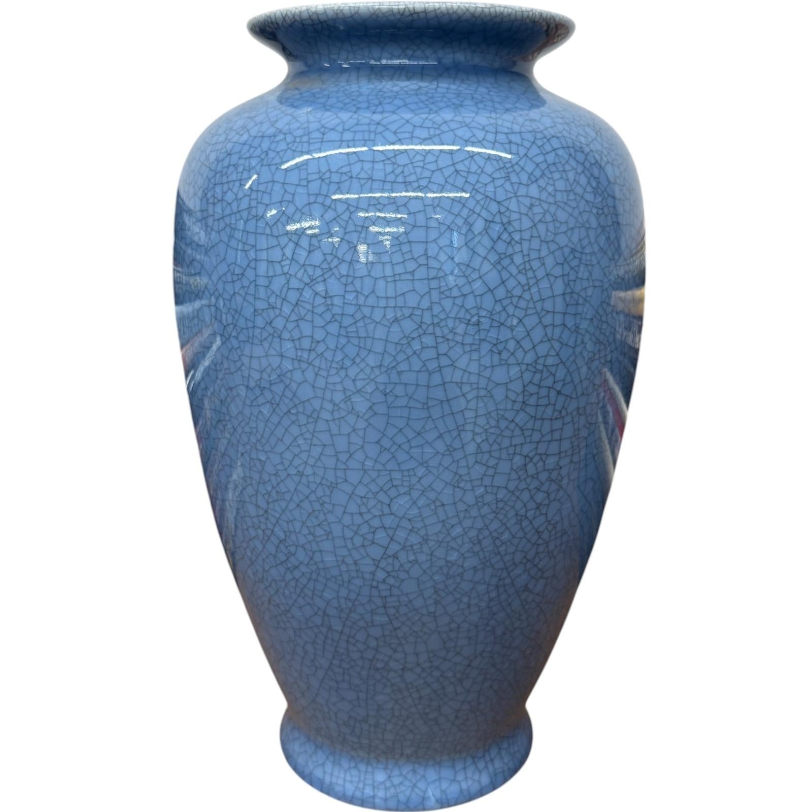 Blue Crackle Ceramic Glazed Vase with Round Belly, SKU , image 1