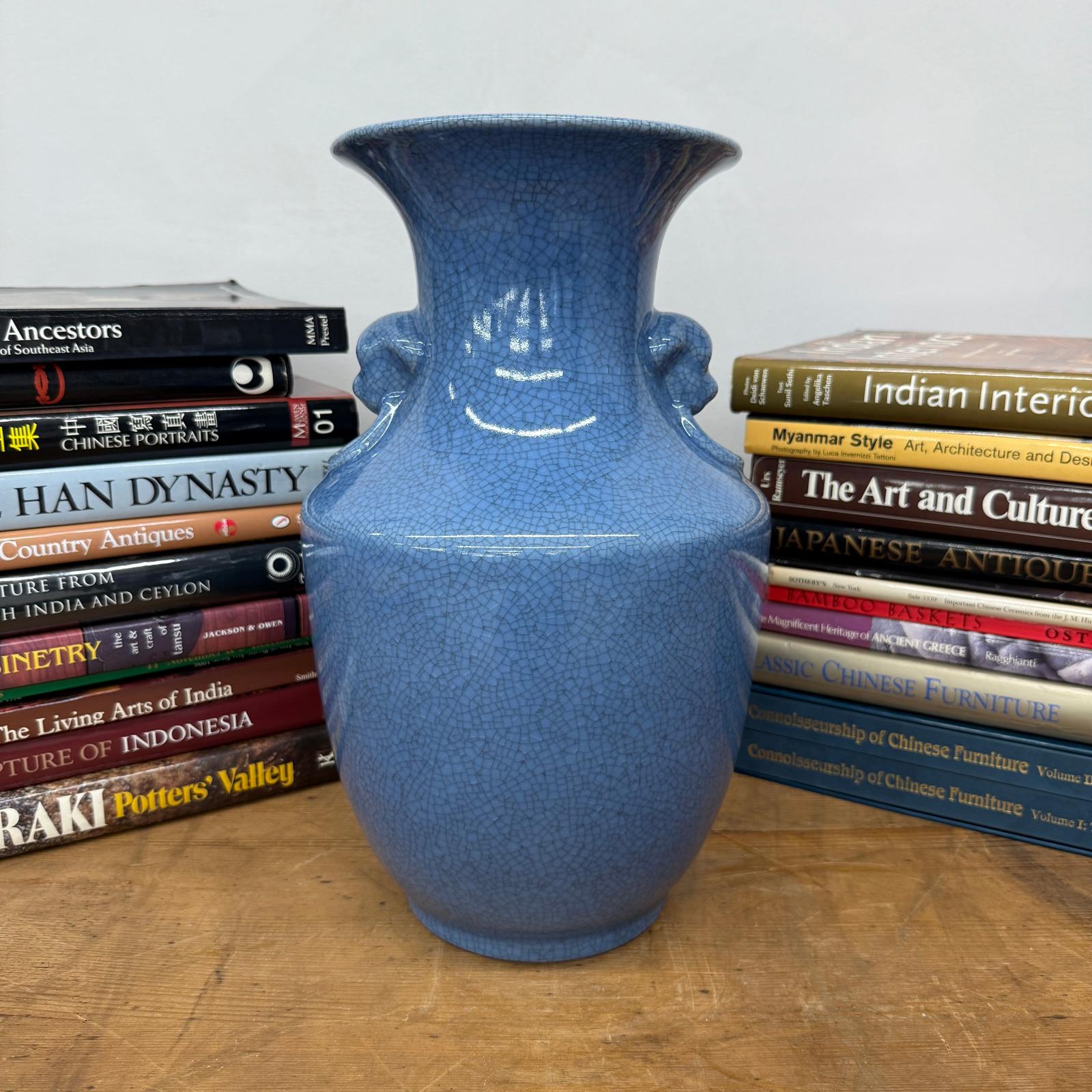 Blue Crackle Glazed Ceramic Vase with Foo Dog Handles, SKU , image 2