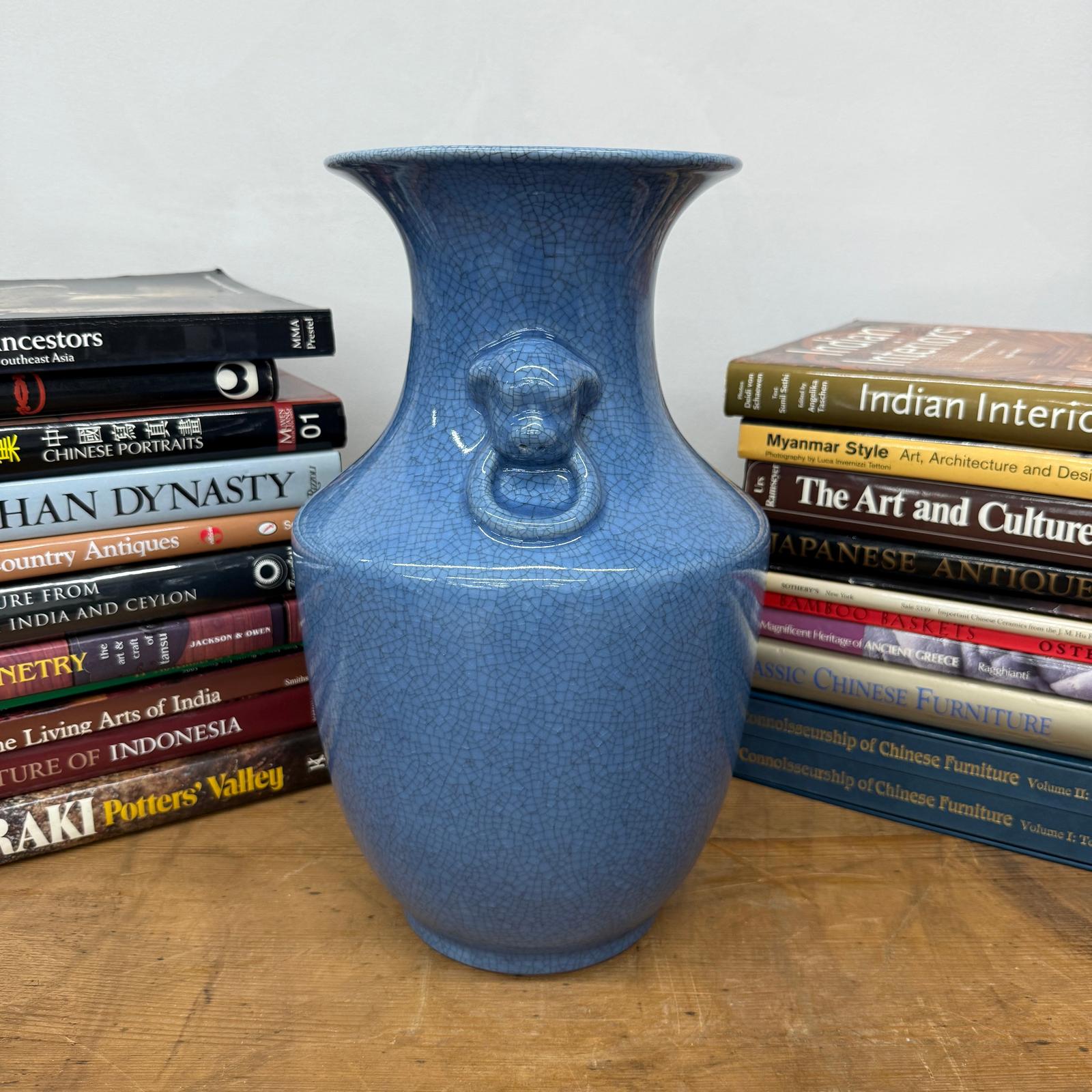 Blue Crackle Glazed Ceramic Vase with Foo Dog Handles, SKU , image 3