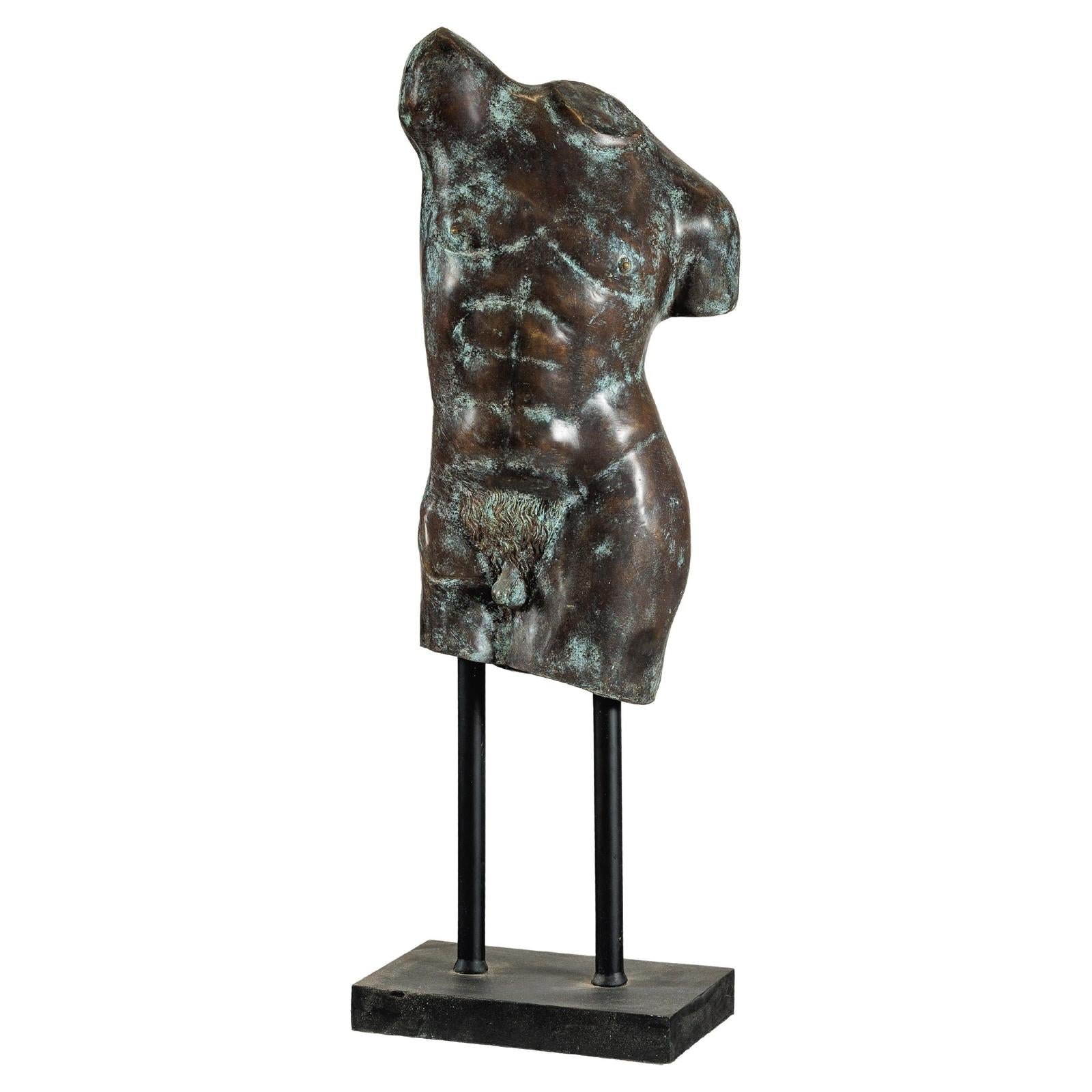 Bronze Male Torso Sculpture with Verdigris Patina Mounted on Black Stand-1. Asian & Chinese Furniture, Art, Antiques, Vintage Home Décor for sale at FEA Home