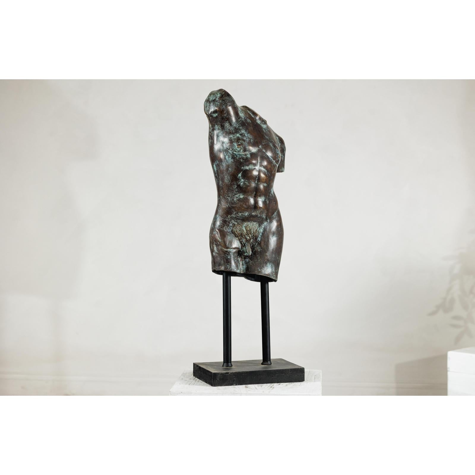 Bronze Male Torso Sculpture with Verdigris Patina Mounted on Black Stand-10. Asian &amp; Chinese Furniture, Art, Antiques, Vintage Home Décor for sale at FEA Home