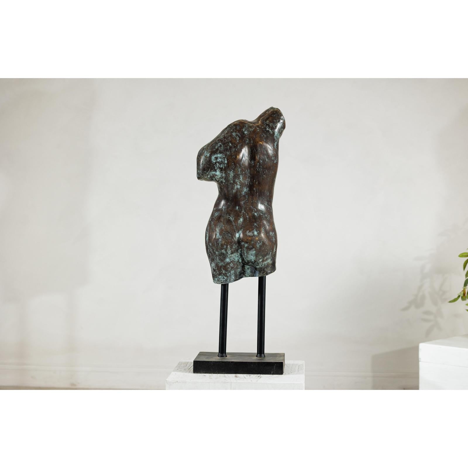 Bronze Male Torso Sculpture with Verdigris Patina Mounted on Black Stand-11. Asian &amp; Chinese Furniture, Art, Antiques, Vintage Home Décor for sale at FEA Home