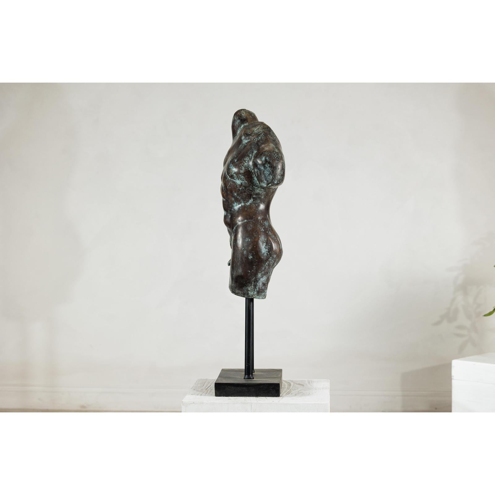 Bronze Male Torso Sculpture with Verdigris Patina Mounted on Black Stand-12. Asian &amp; Chinese Furniture, Art, Antiques, Vintage Home Décor for sale at FEA Home