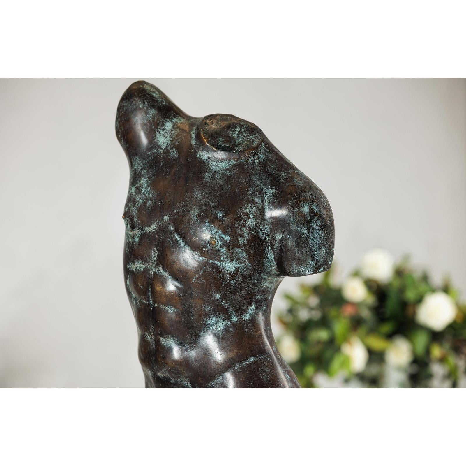 Bronze Male Torso Sculpture with Verdigris Patina Mounted on Black Stand-13. Asian &amp; Chinese Furniture, Art, Antiques, Vintage Home Décor for sale at FEA Home