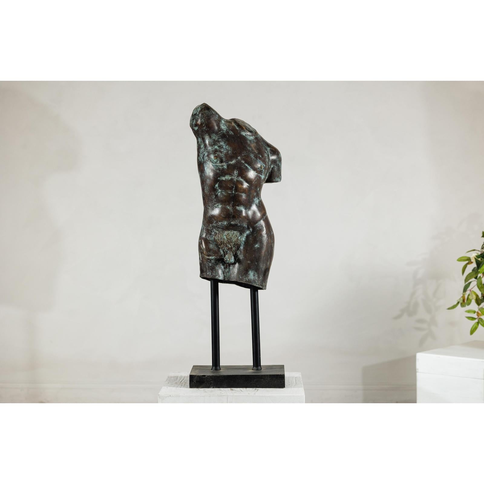 Bronze Male Torso Sculpture with Verdigris Patina Mounted on Black Stand-15. Asian &amp; Chinese Furniture, Art, Antiques, Vintage Home Décor for sale at FEA Home