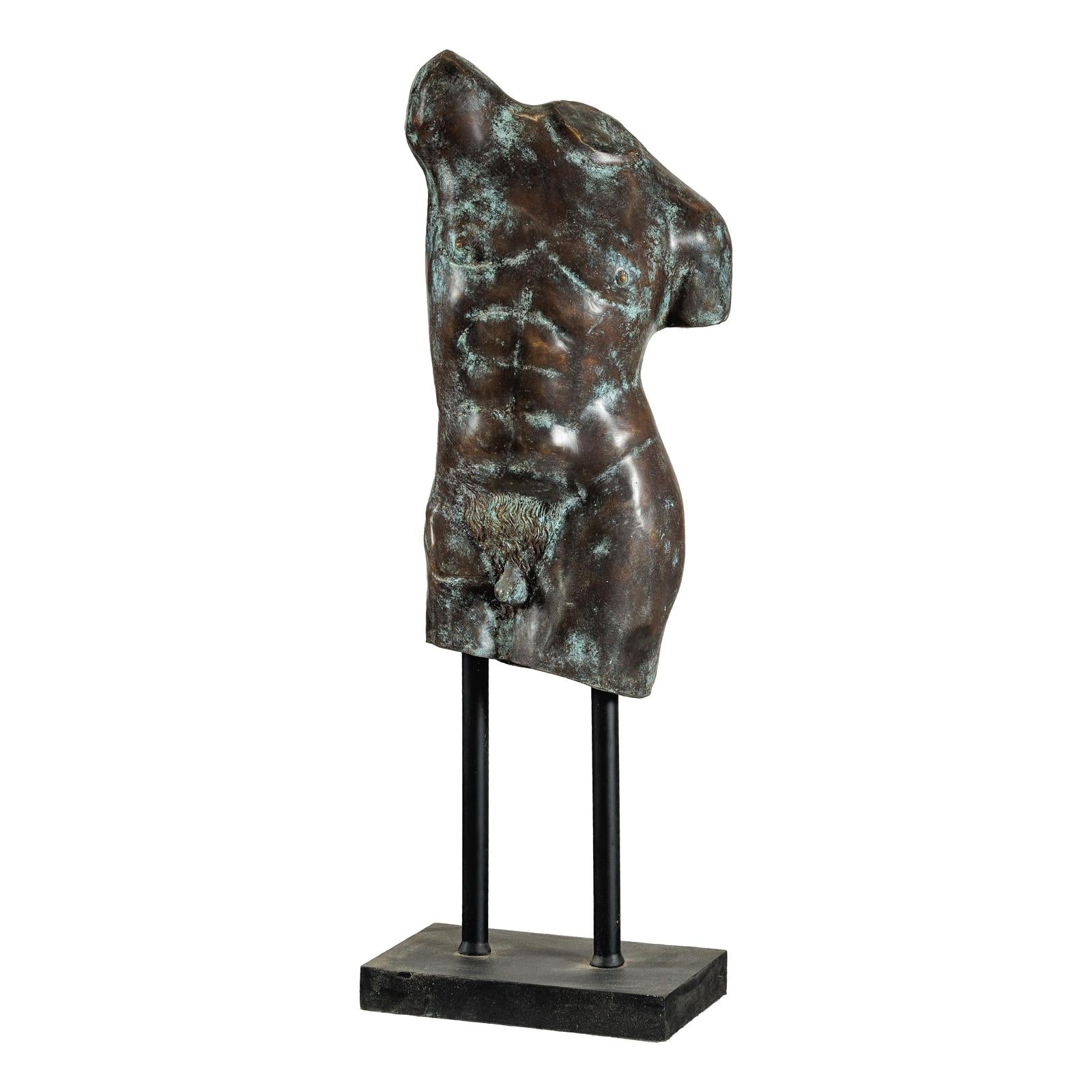Bronze Male Torso Sculpture with Verdigris Patina Mounted on Black Stand-16. Asian &amp; Chinese Furniture, Art, Antiques, Vintage Home Décor for sale at FEA Home