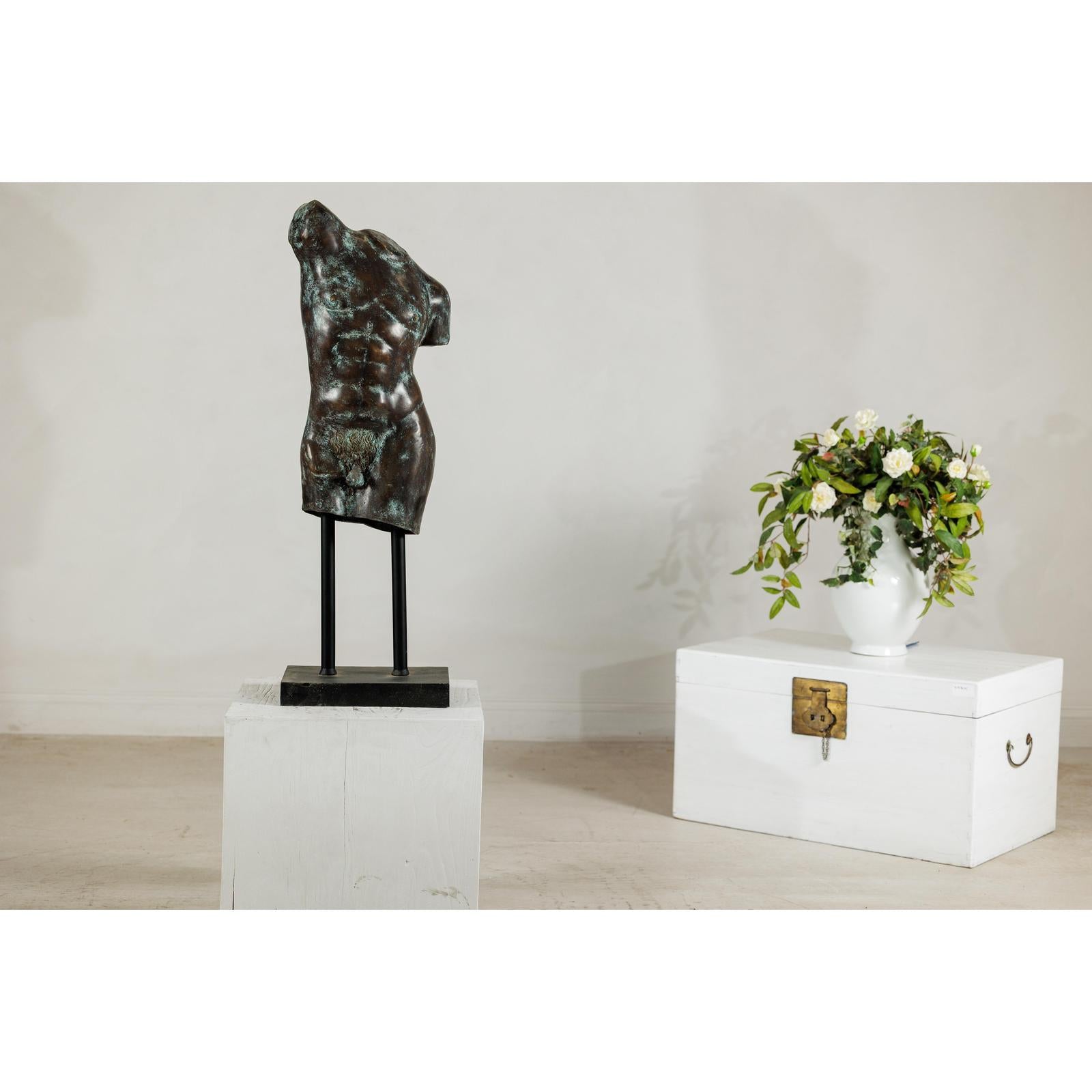 Bronze Male Torso Sculpture with Verdigris Patina Mounted on Black Stand-2. Asian & Chinese Furniture, Art, Antiques, Vintage Home Décor for sale at FEA Home