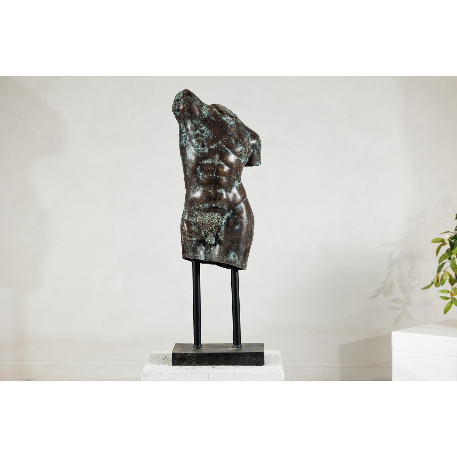 Bronze Male Torso Sculpture with Verdigris Patina Mounted on Black Stand-3. Asian &amp; Chinese Furniture, Art, Antiques, Vintage Home Décor for sale at FEA Home