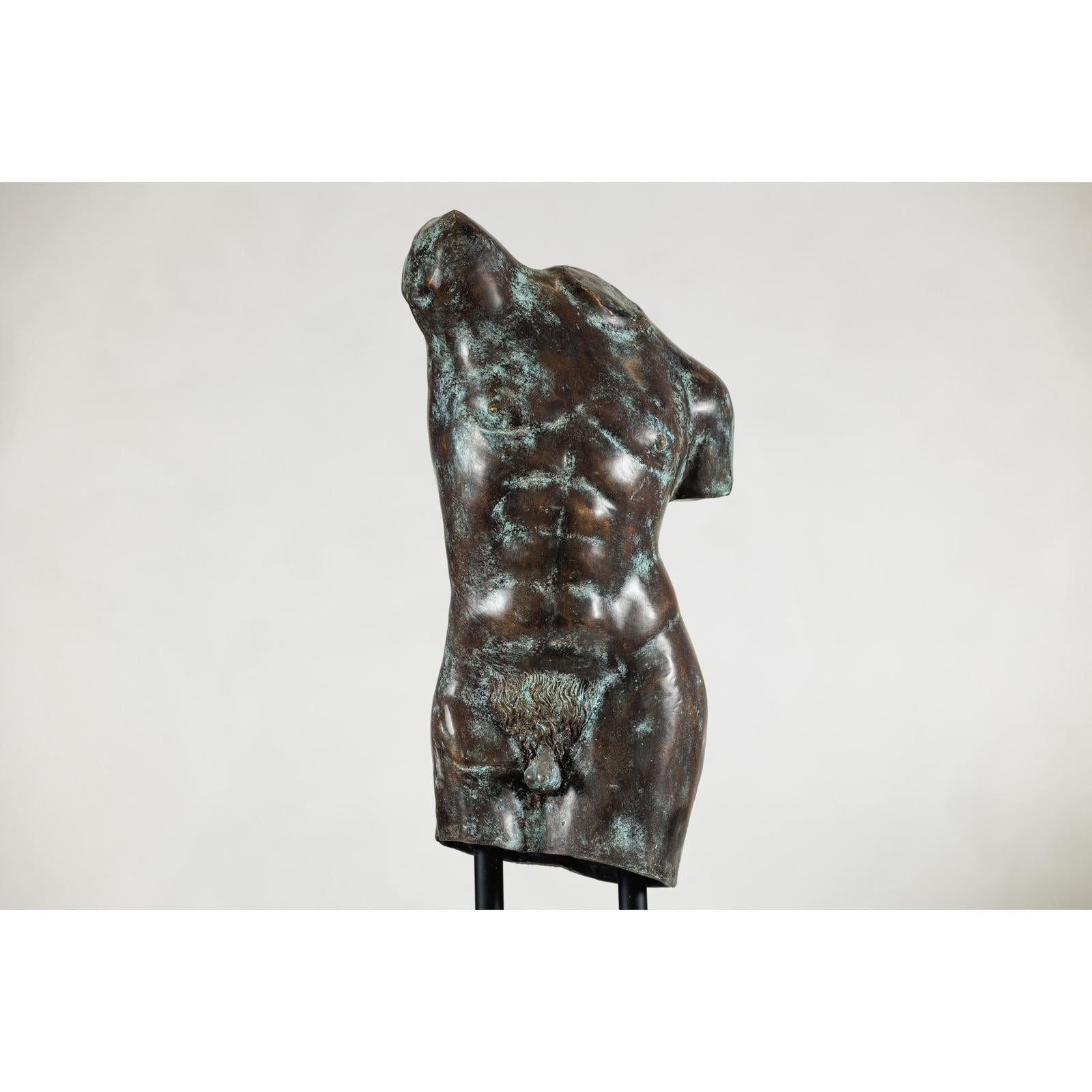 Bronze Male Torso Sculpture with Verdigris Patina Mounted on Black Stand-4. Asian &amp; Chinese Furniture, Art, Antiques, Vintage Home Décor for sale at FEA Home