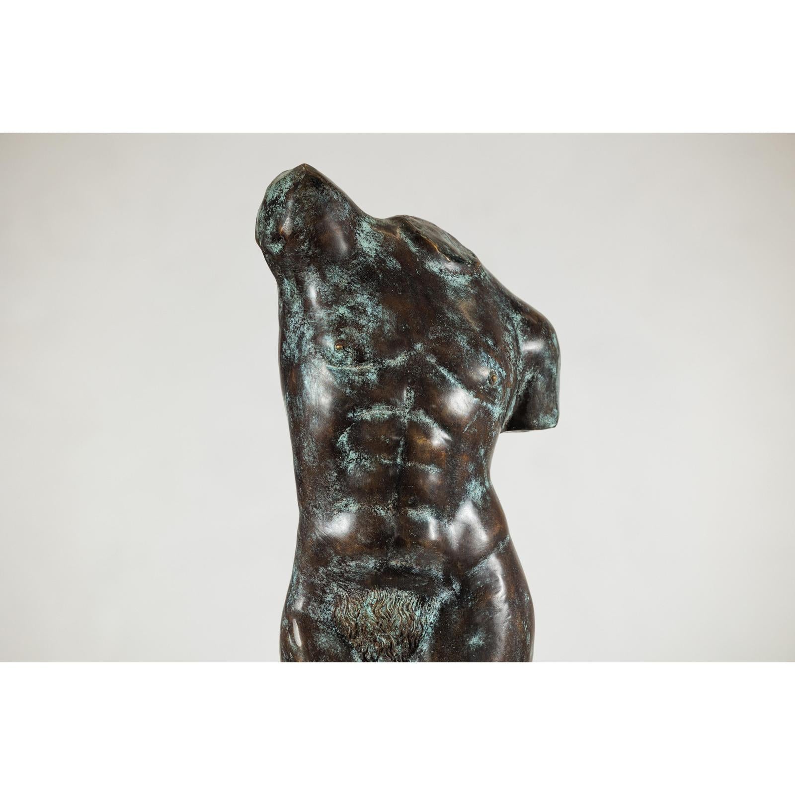 Bronze Male Torso Sculpture with Verdigris Patina Mounted on Black Stand-5. Asian &amp; Chinese Furniture, Art, Antiques, Vintage Home Décor for sale at FEA Home