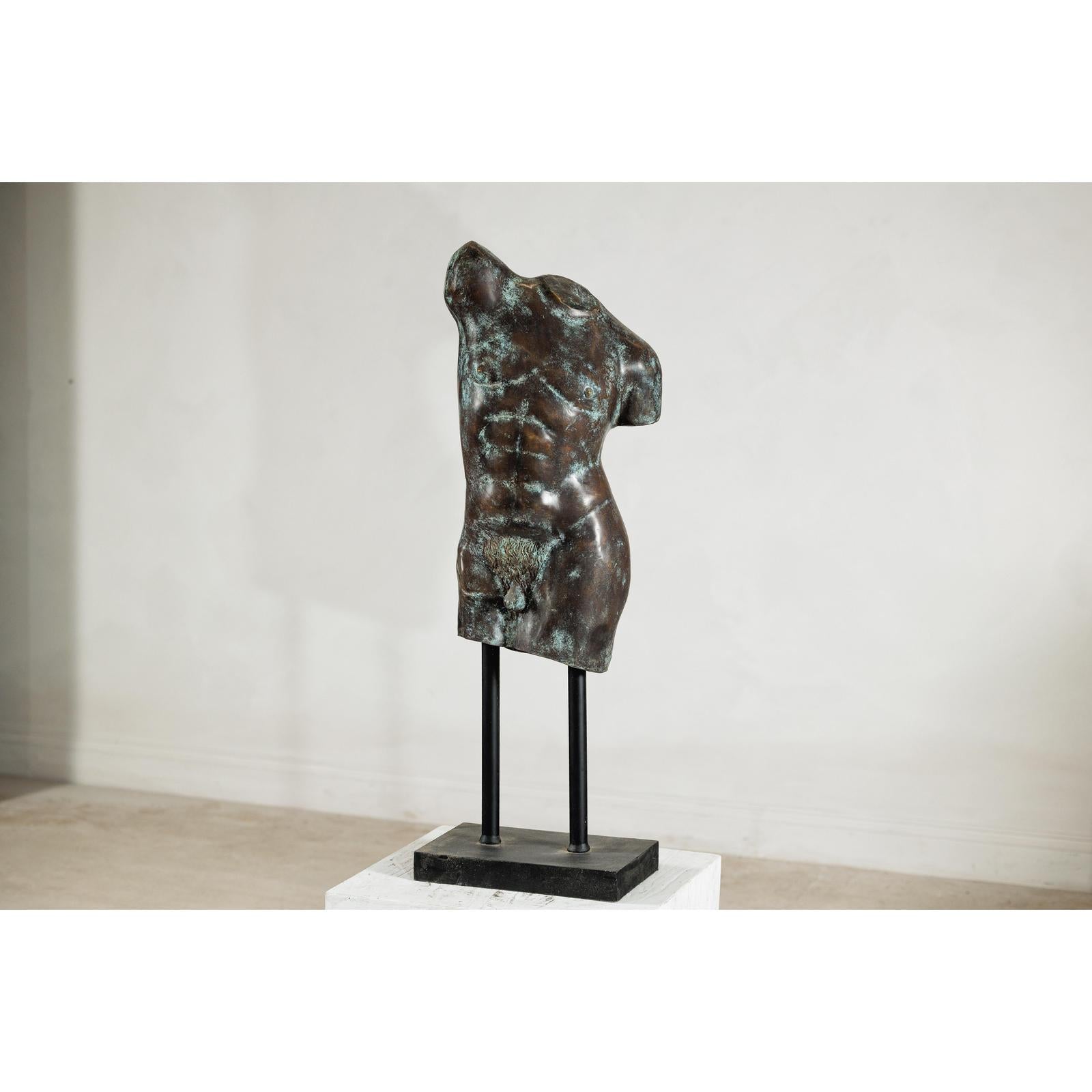 Bronze Male Torso Sculpture with Verdigris Patina Mounted on Black Stand-6. Asian &amp; Chinese Furniture, Art, Antiques, Vintage Home Décor for sale at FEA Home