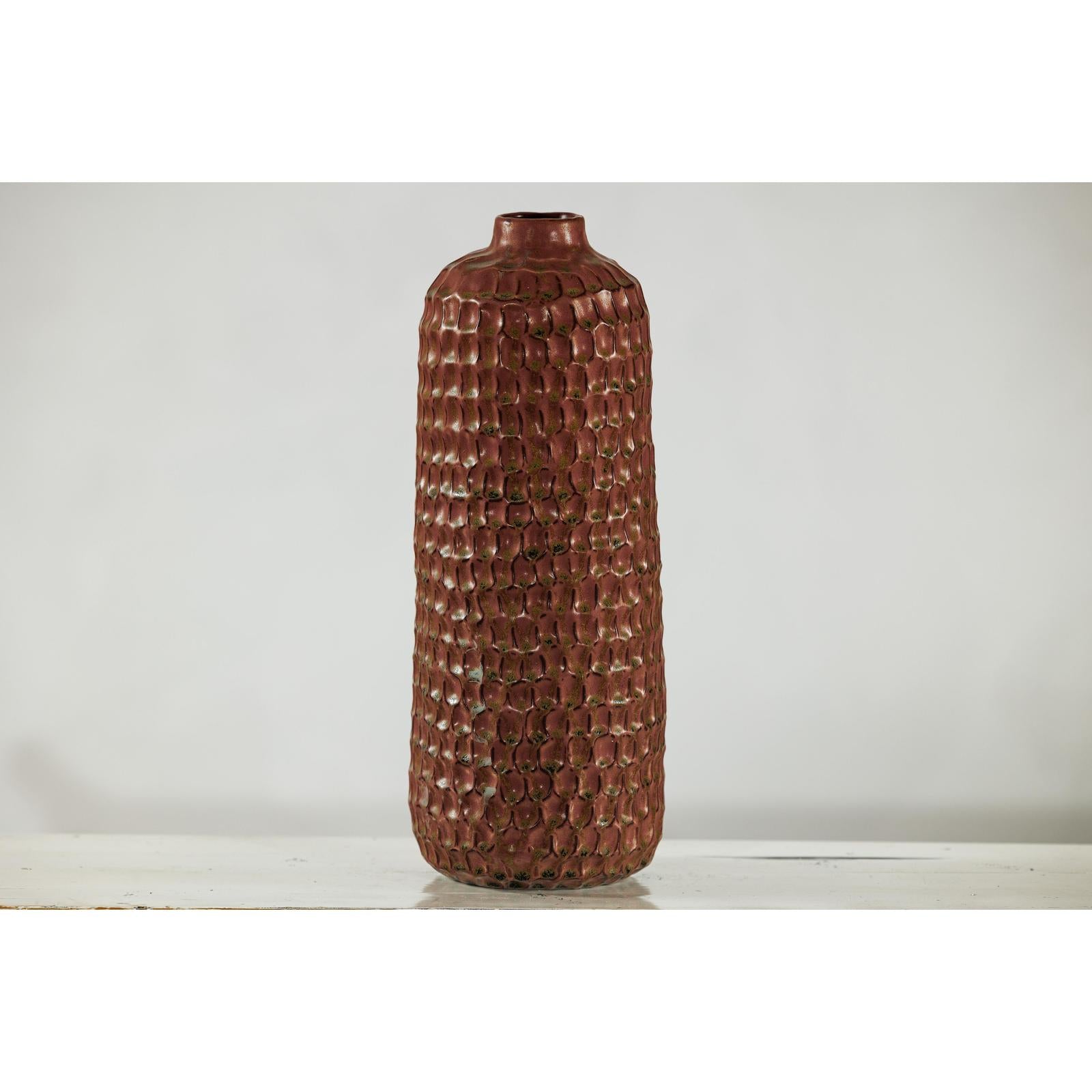 Brown Ceramic Vase with Honeycomb Texture &amp; Green Speckles - image 14