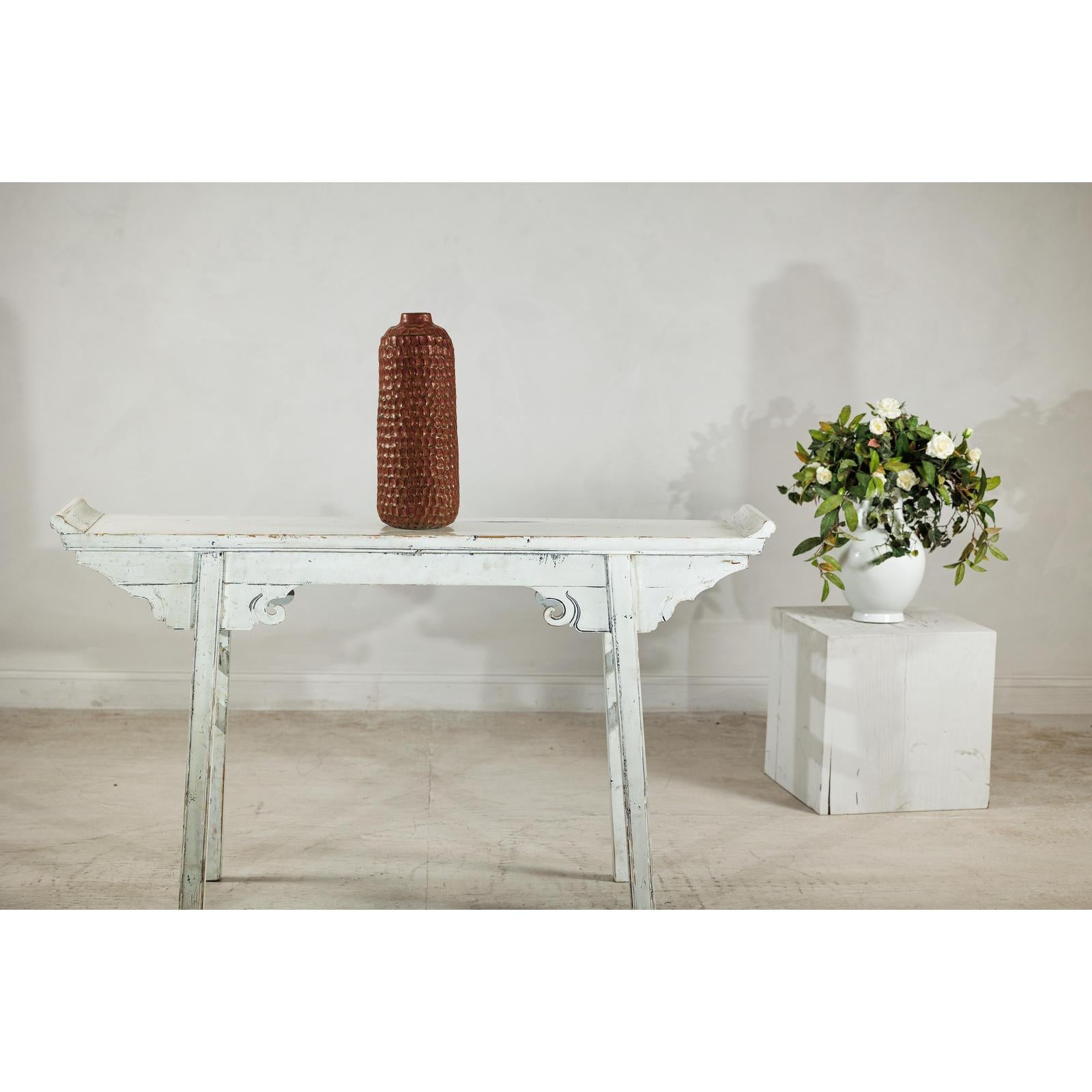 Brown Ceramic Vase with Honeycomb Texture &amp; Green Speckles - image 2