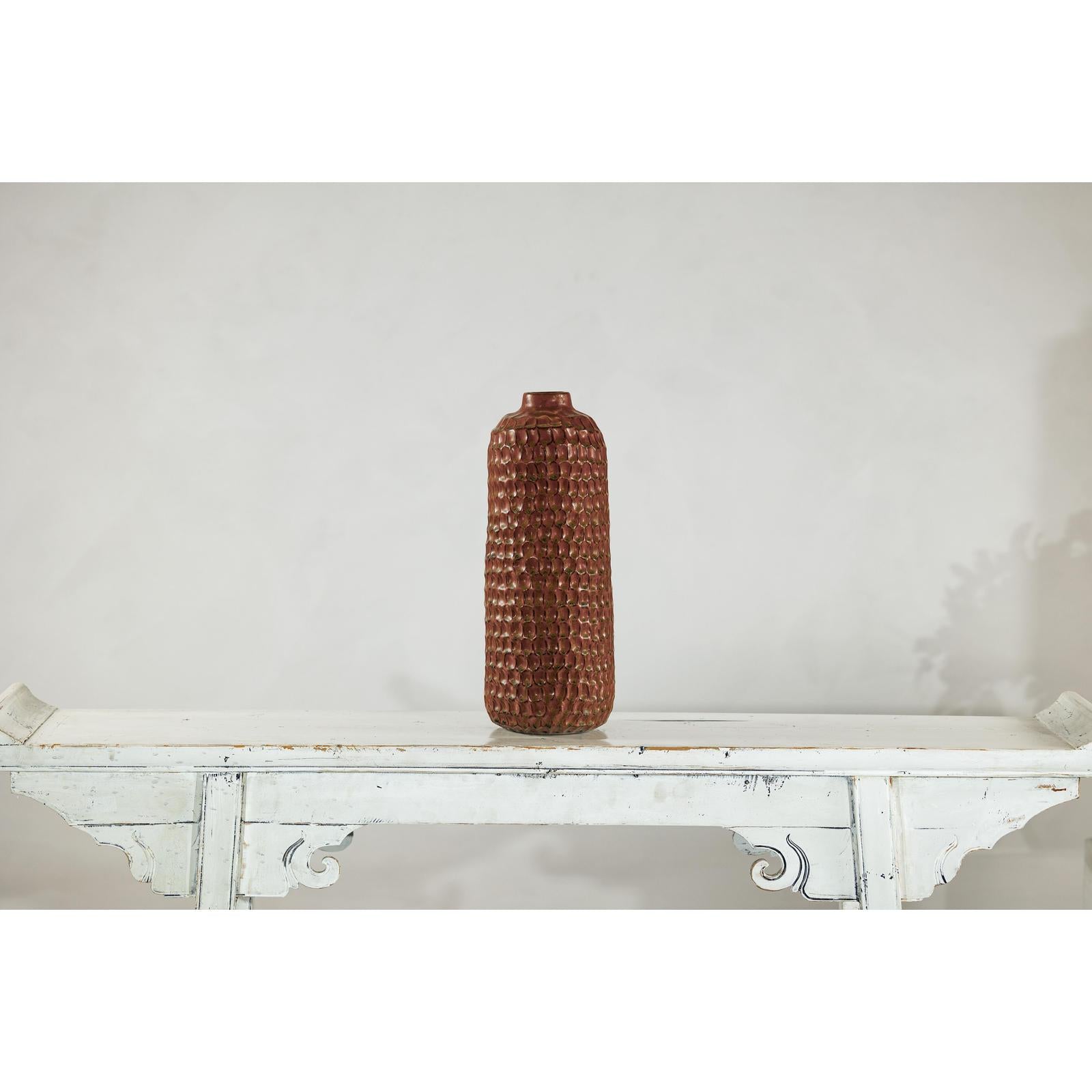 Brown Ceramic Vase with Honeycomb Texture &amp; Green Speckles - image 3