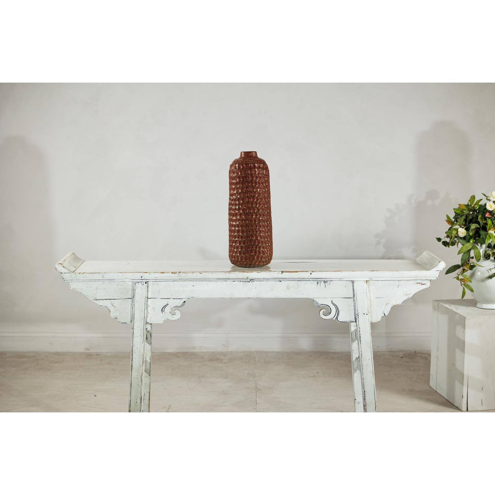 Brown Ceramic Vase with Honeycomb Texture &amp; Green Speckles - image 4