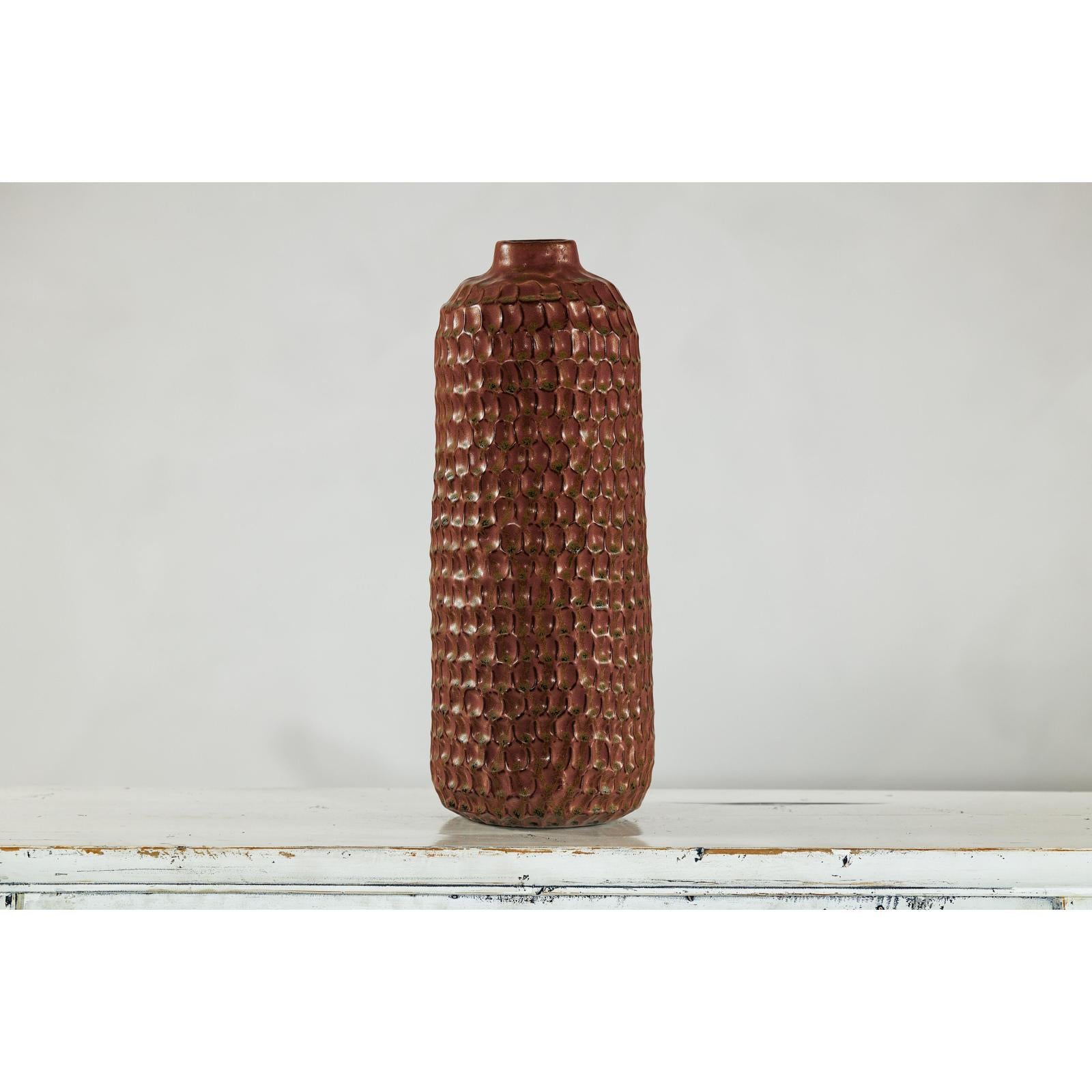 Brown Ceramic Vase with Honeycomb Texture &amp; Green Speckles - image 5