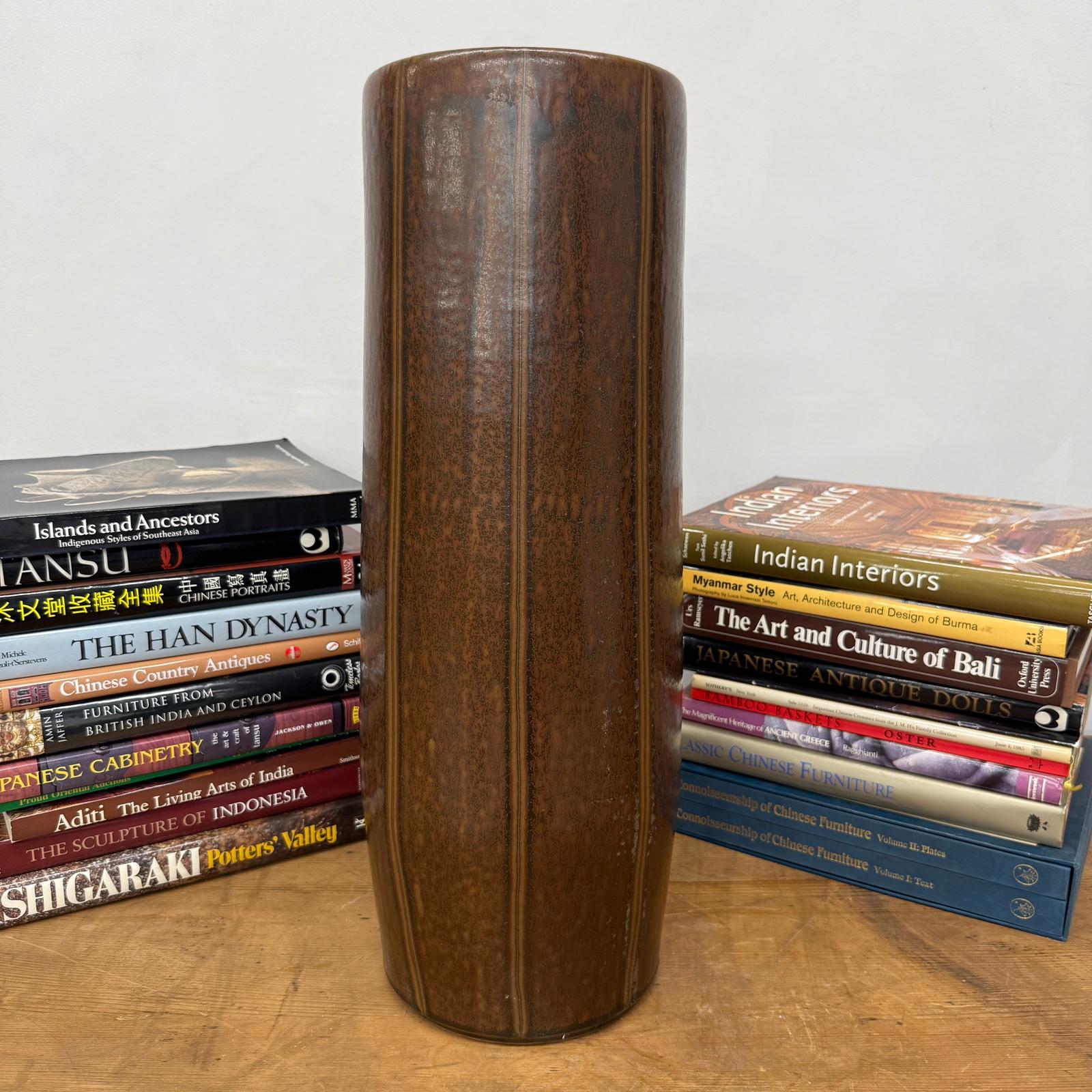 Brown Cylinder Shaped Vase with Stripes Down the Sides - FEA Home