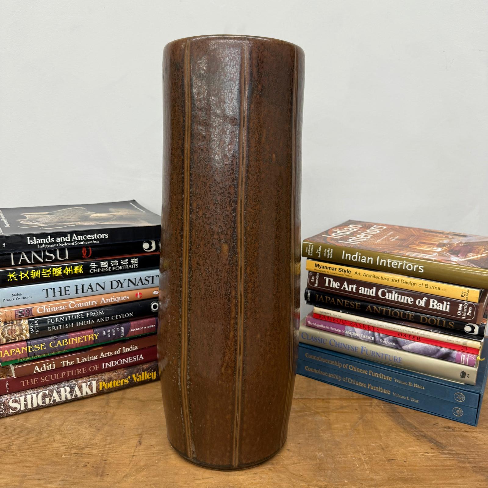 Brown Cylinder Shaped Vase with Stripes Down the Sides - FEA Home