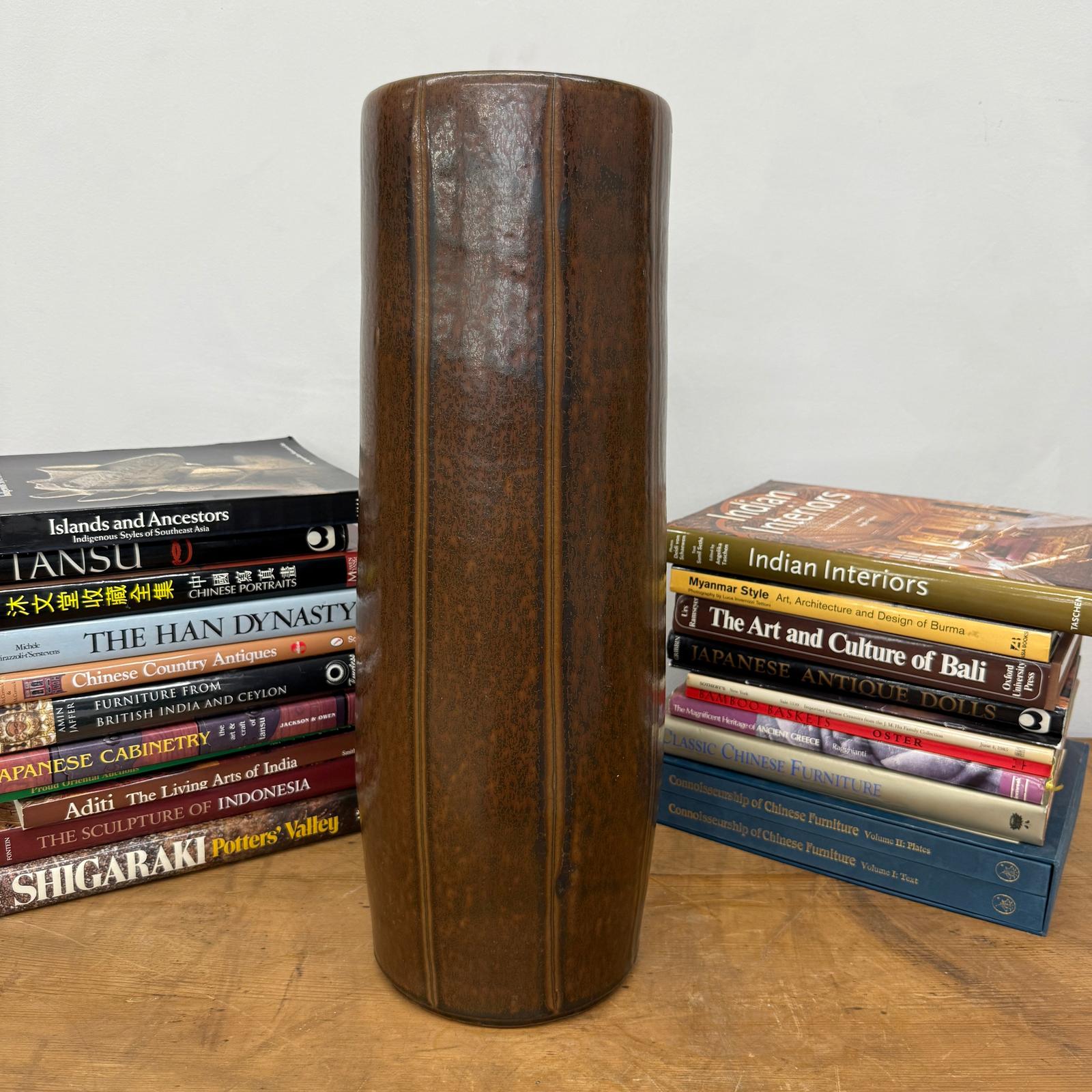 Brown Cylinder Shaped Vase with Stripes Down the Sides - FEA Home