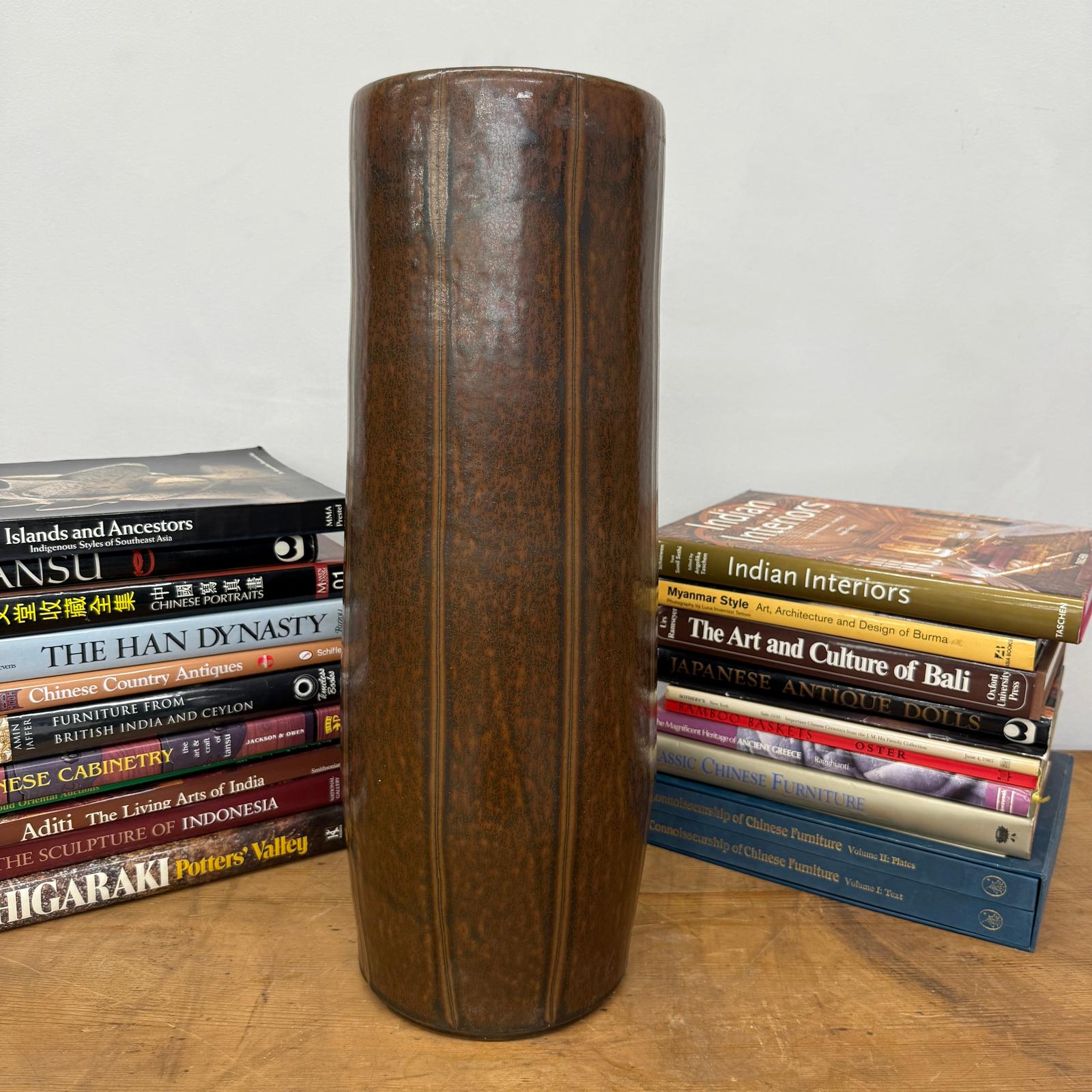 Brown Cylinder Shaped Vase with Stripes Down the Sides - FEA Home