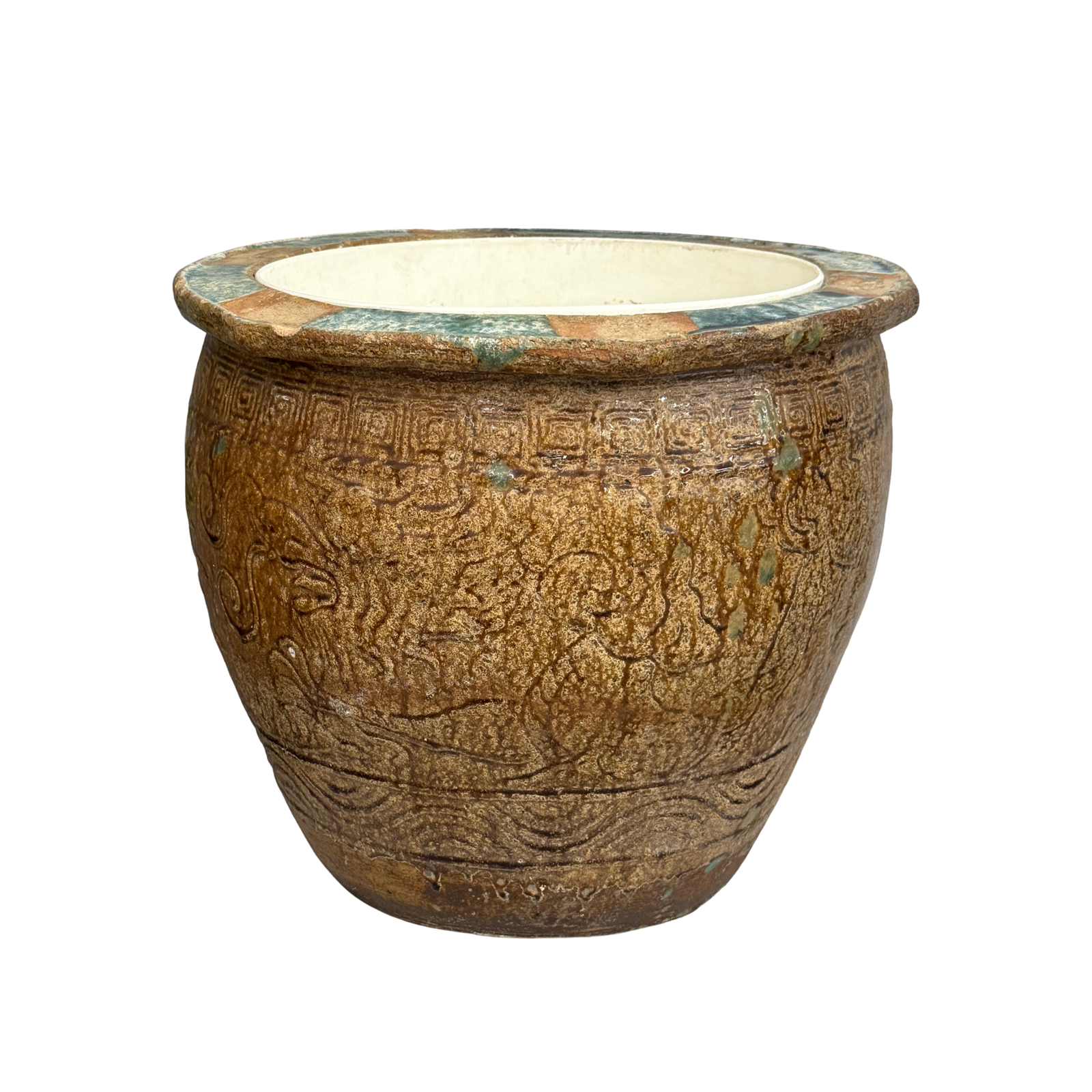 Brown Glazed Ceramic Planter with Carved Relief Pattern - FEA Home