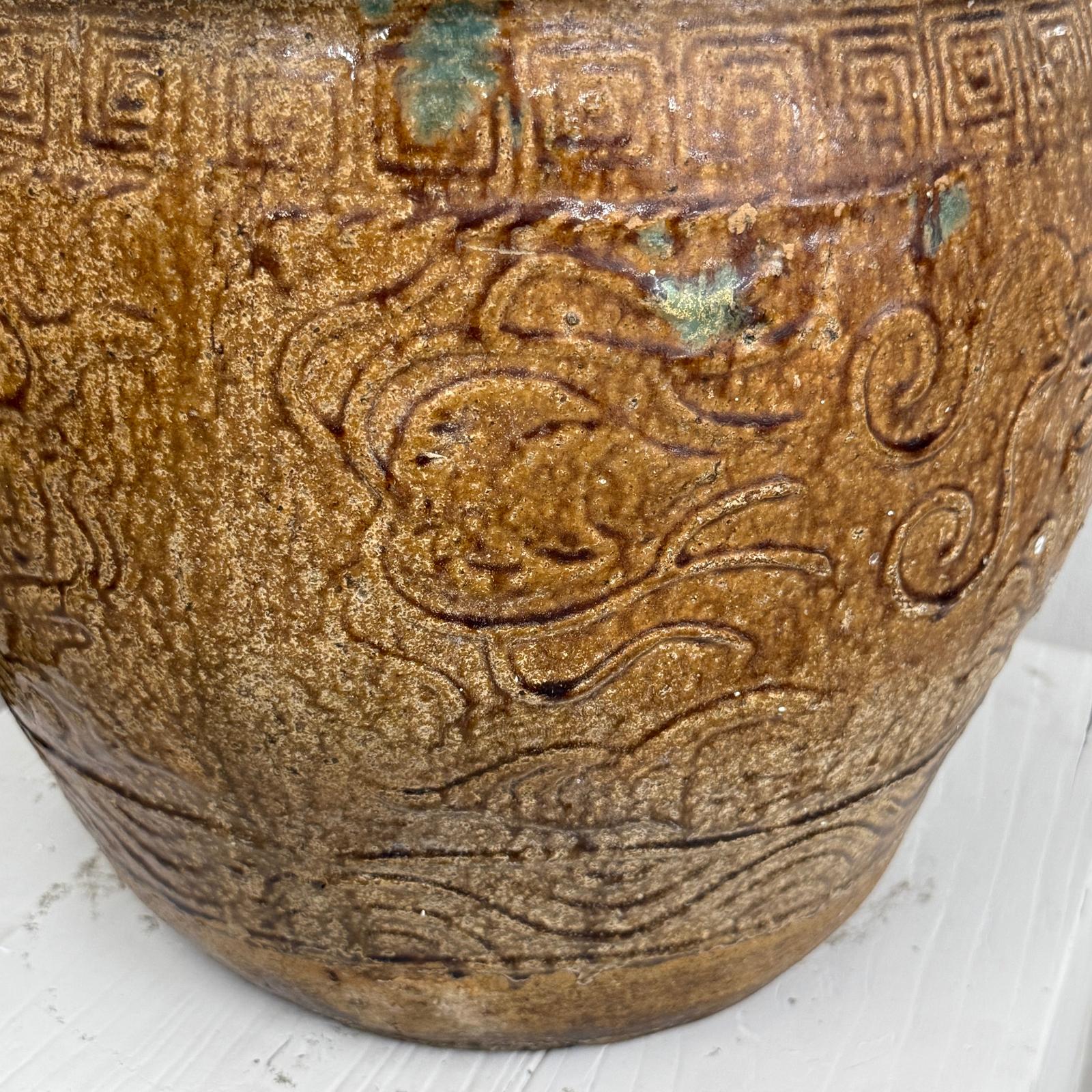 Brown Glazed Ceramic Planter with Carved Relief Pattern - FEA Home