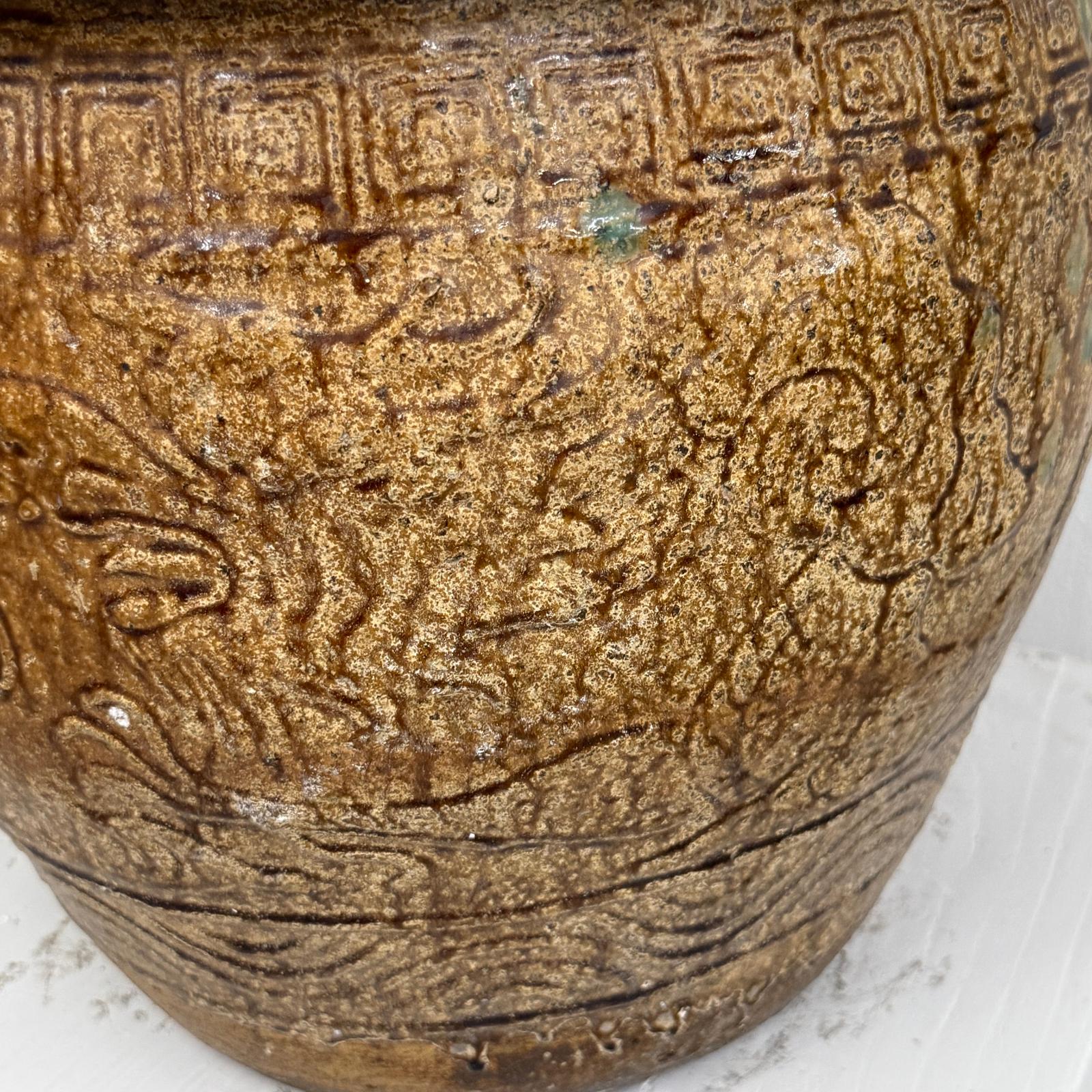 Brown Glazed Ceramic Planter with Carved Relief Pattern - FEA Home