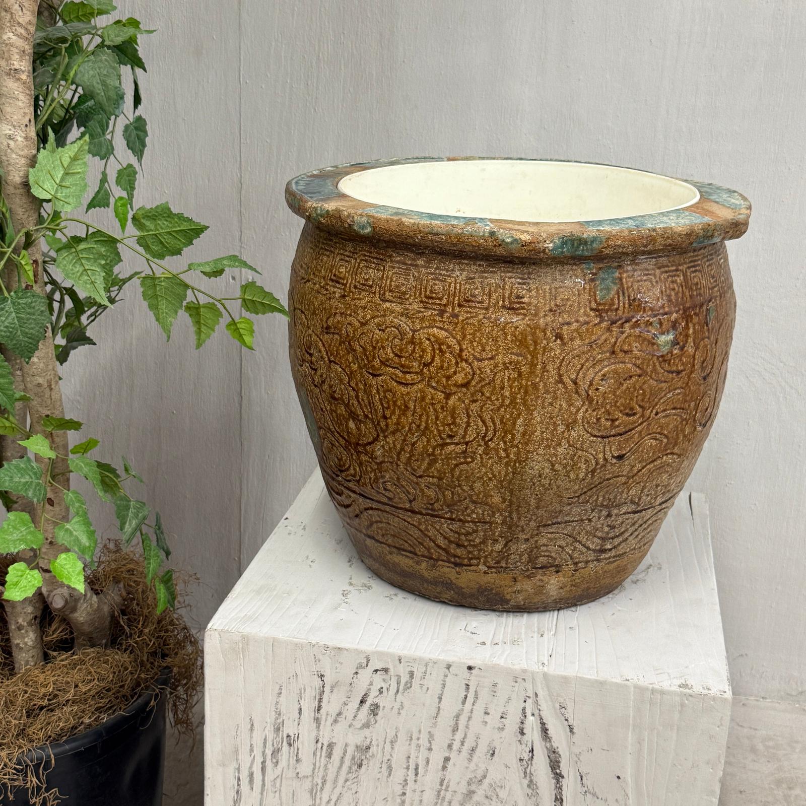 Brown Glazed Ceramic Planter with Carved Relief Pattern - FEA Home