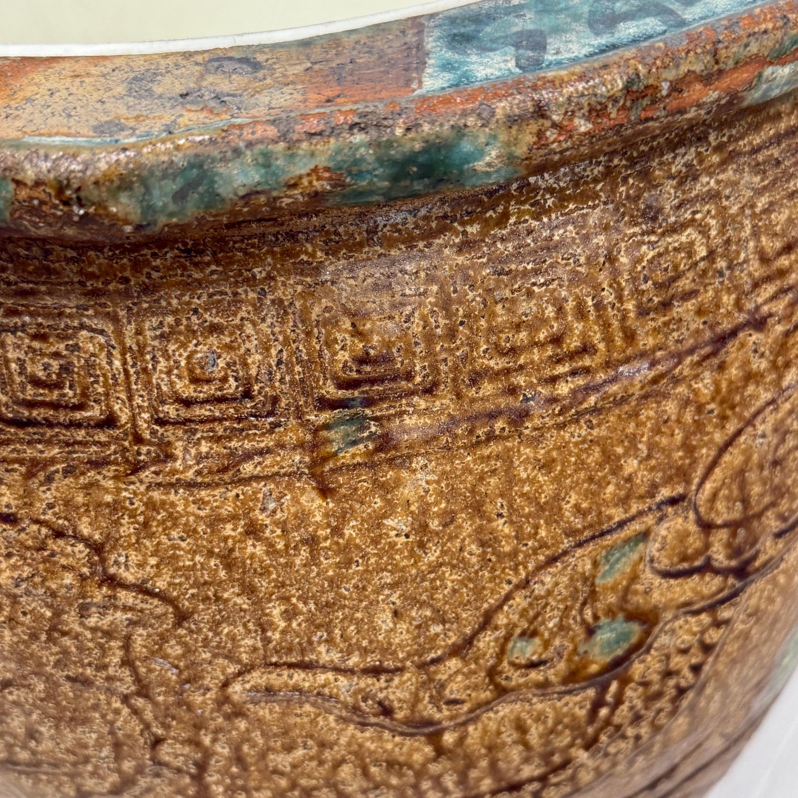 Brown Glazed Ceramic Planter with Carved Relief Pattern - FEA Home