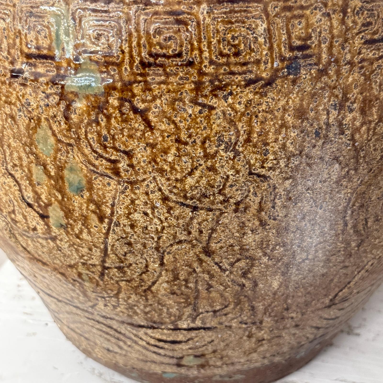 Brown Glazed Ceramic Planter with Carved Relief Pattern - FEA Home