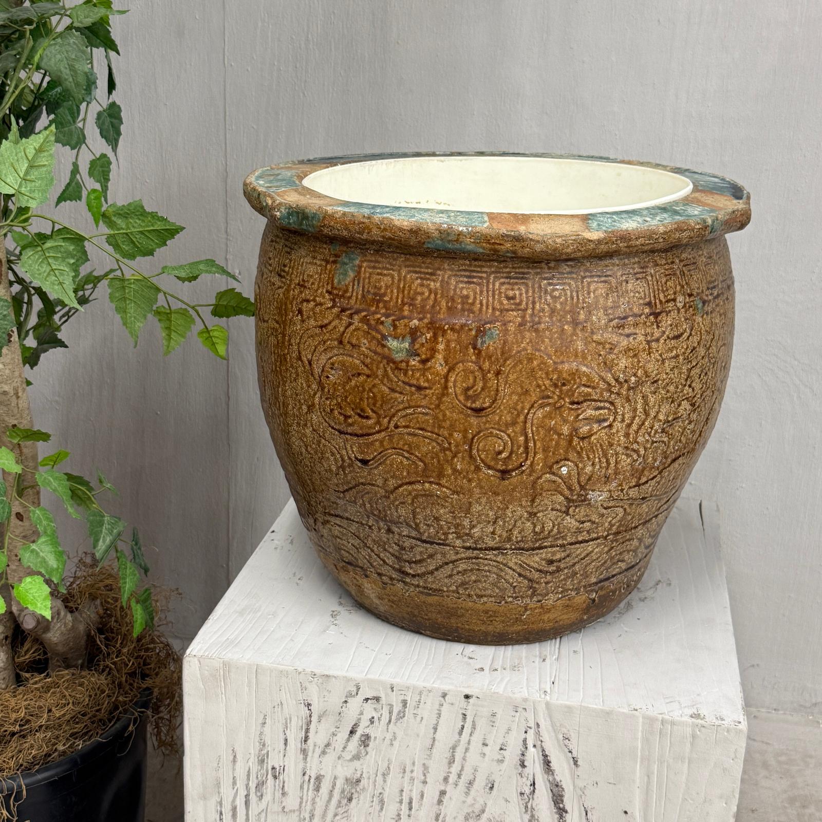 Brown Glazed Ceramic Planter with Carved Relief Pattern - FEA Home