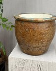 Brown Glazed Ceramic Planter with Carved Relief Pattern - FEA Home