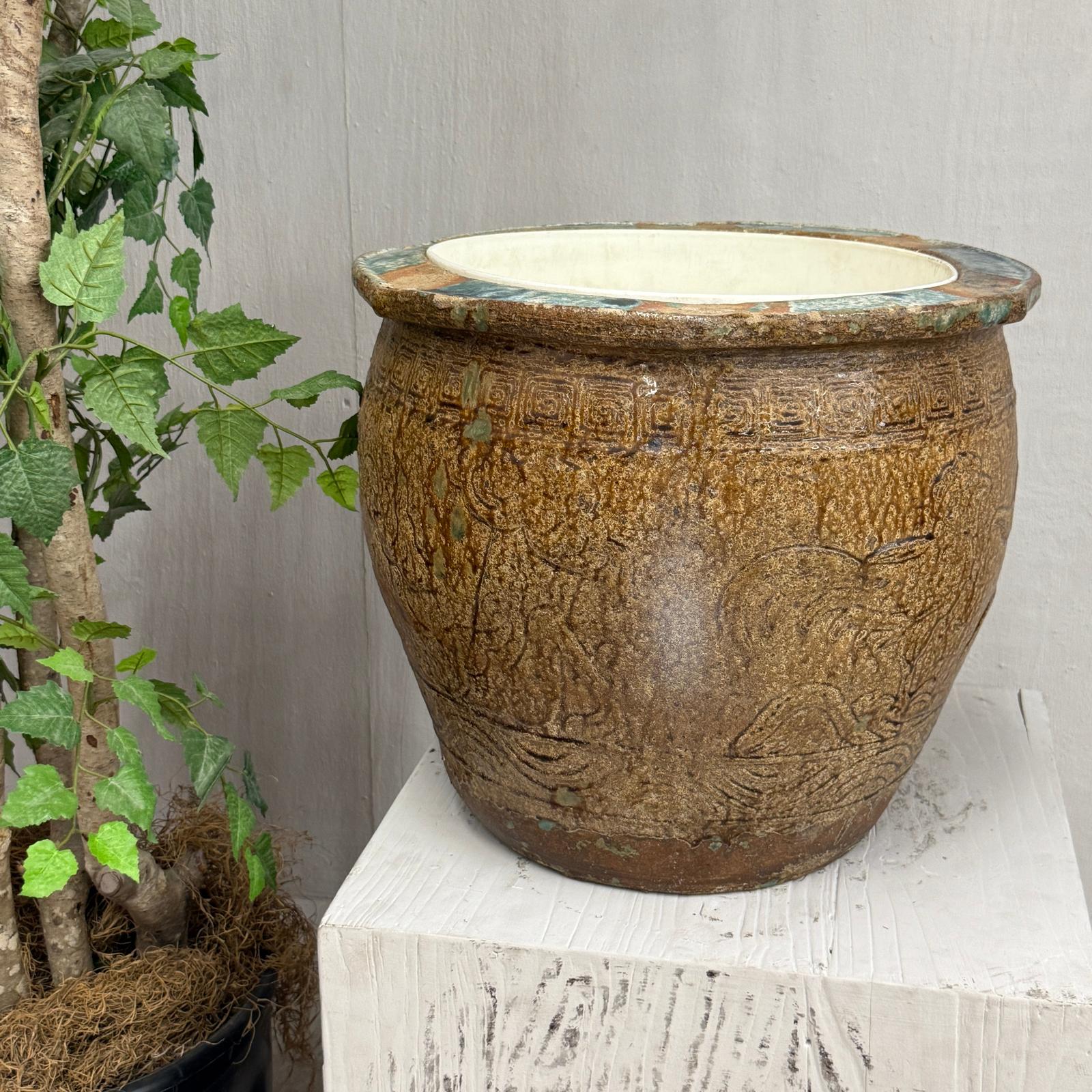 Brown Glazed Ceramic Planter with Carved Relief Pattern - FEA Home