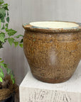 Brown Glazed Ceramic Planter with Carved Relief Pattern - FEA Home