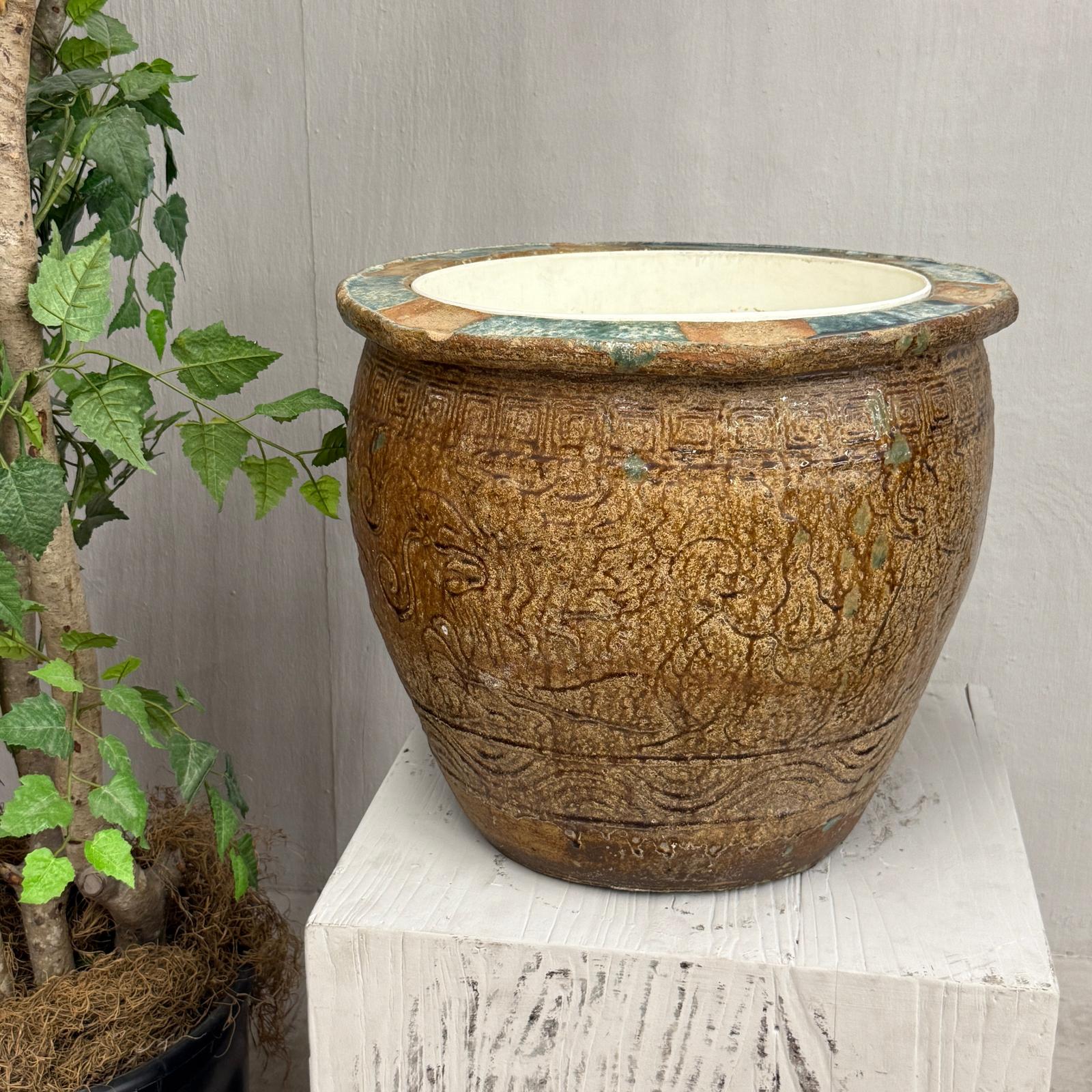 Brown Glazed Ceramic Planter with Carved Relief Pattern - FEA Home