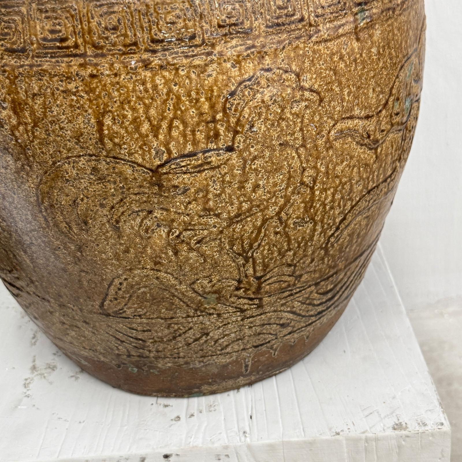 Brown Glazed Ceramic Planter with Carved Relief Pattern - FEA Home