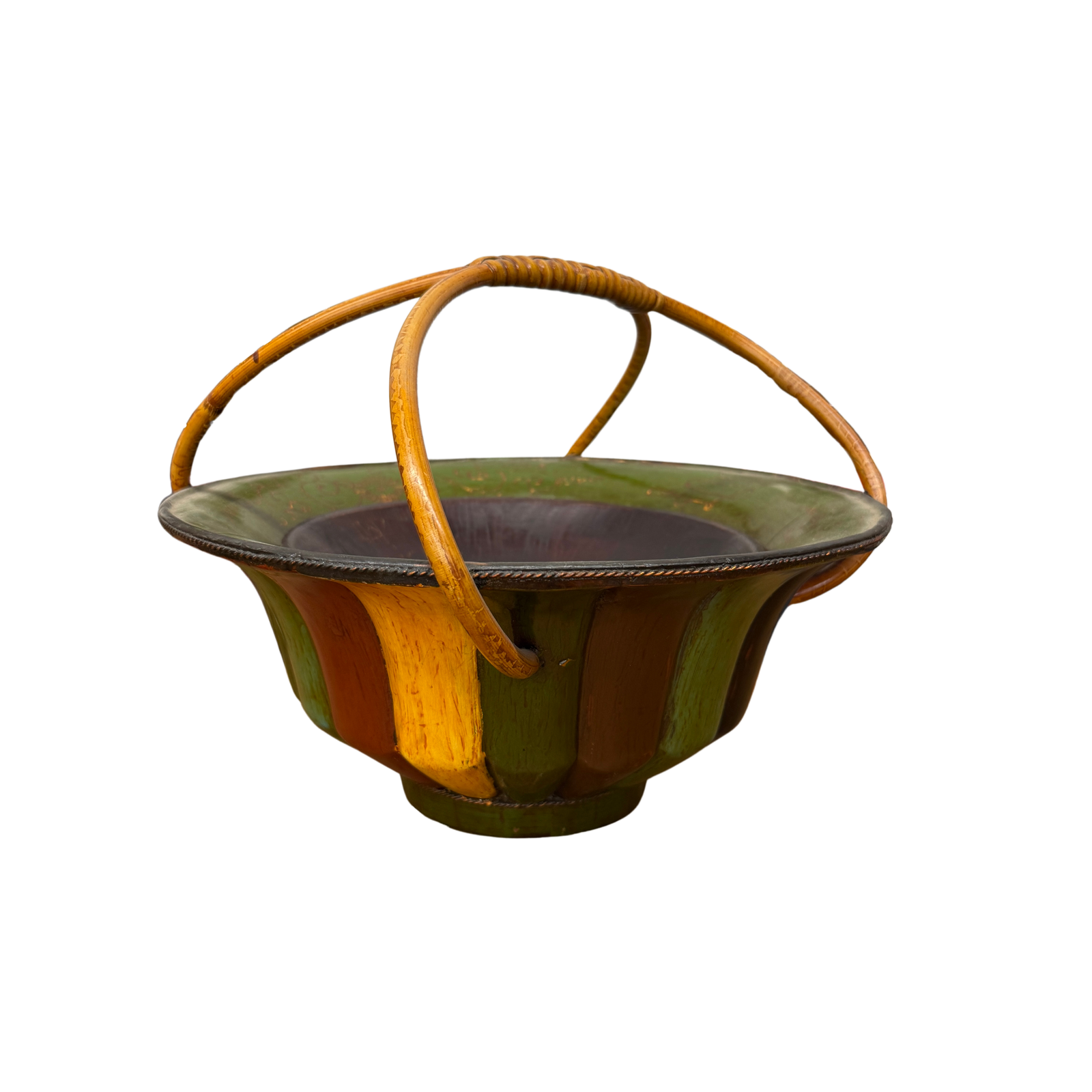 Brown, Green &amp; Yellow Polychrome Basket with Rattan Handle