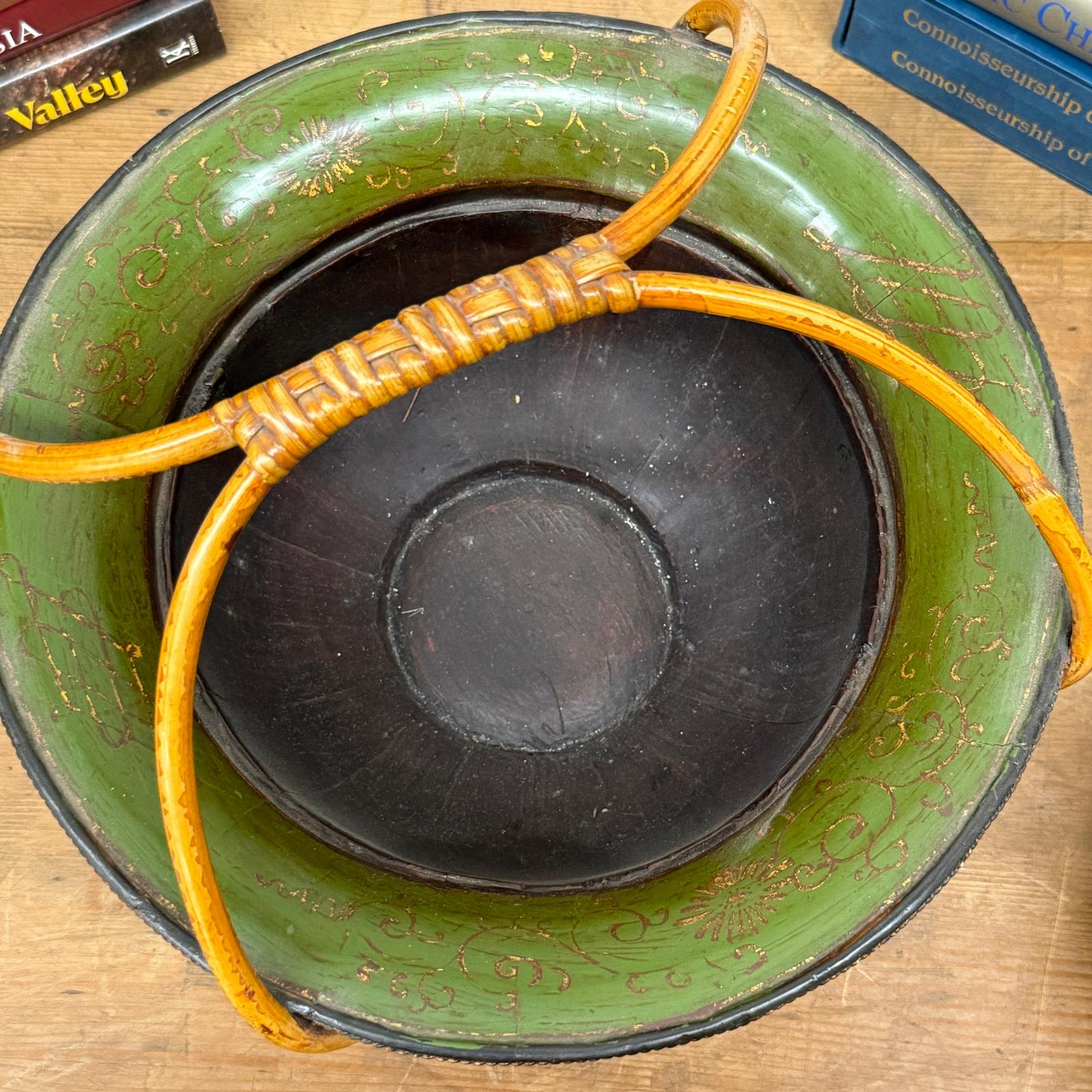 Brown, Green &amp; Yellow Polychrome Basket with Rattan Handle