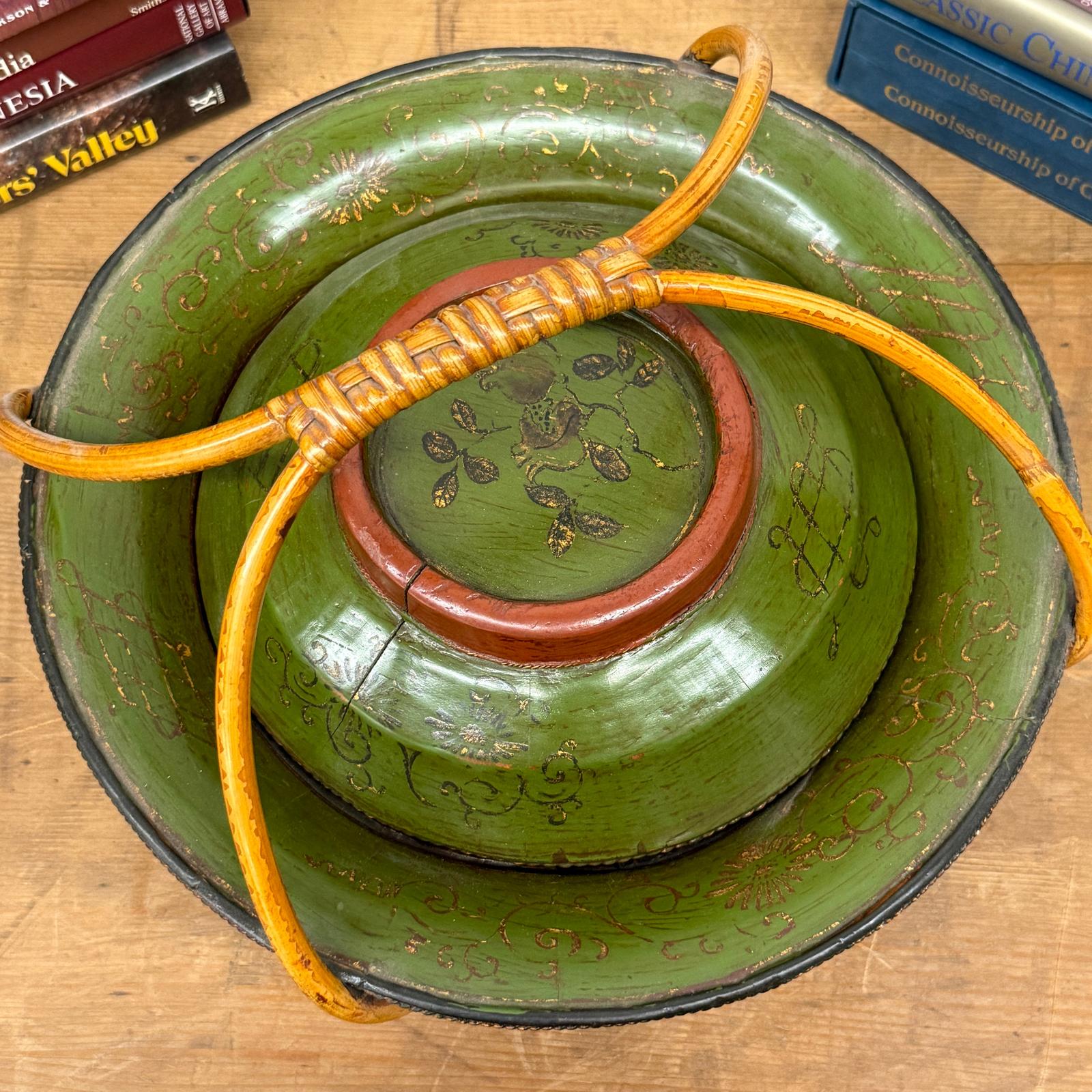 Brown, Green &amp; Yellow Polychrome Basket with Rattan Handle
