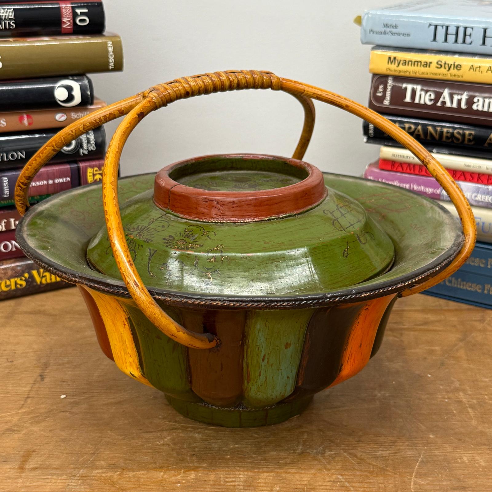 Brown, Green &amp; Yellow Polychrome Basket with Rattan Handle