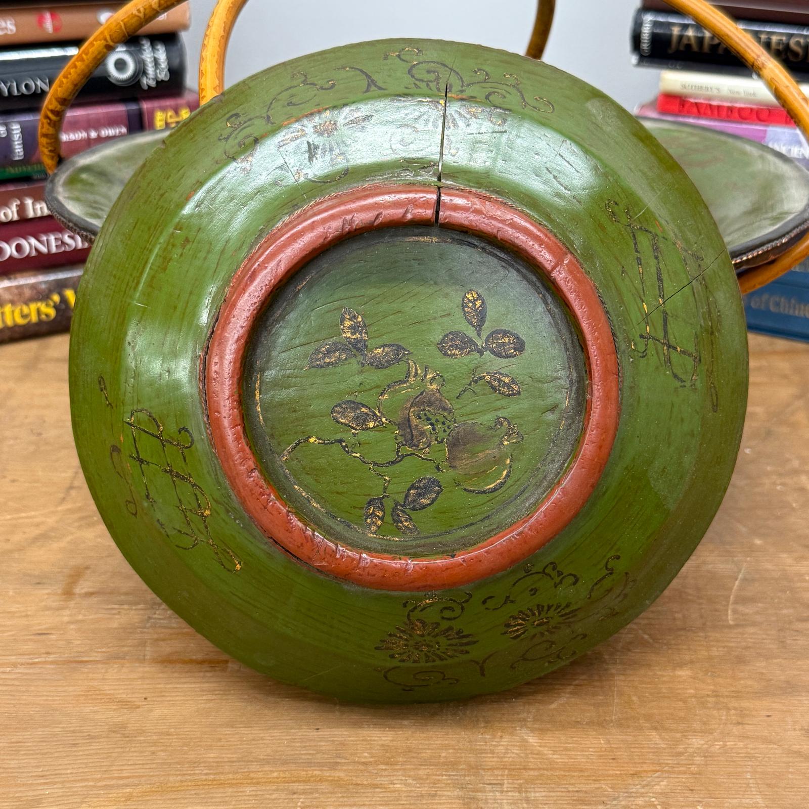 Brown, Green &amp; Yellow Polychrome Basket with Rattan Handle