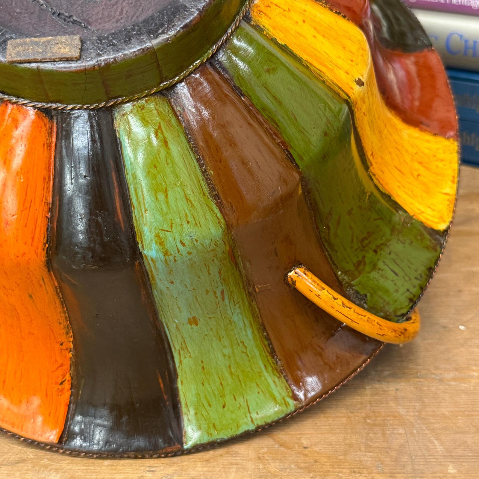 Brown, Green &amp; Yellow Polychrome Basket with Rattan Handle