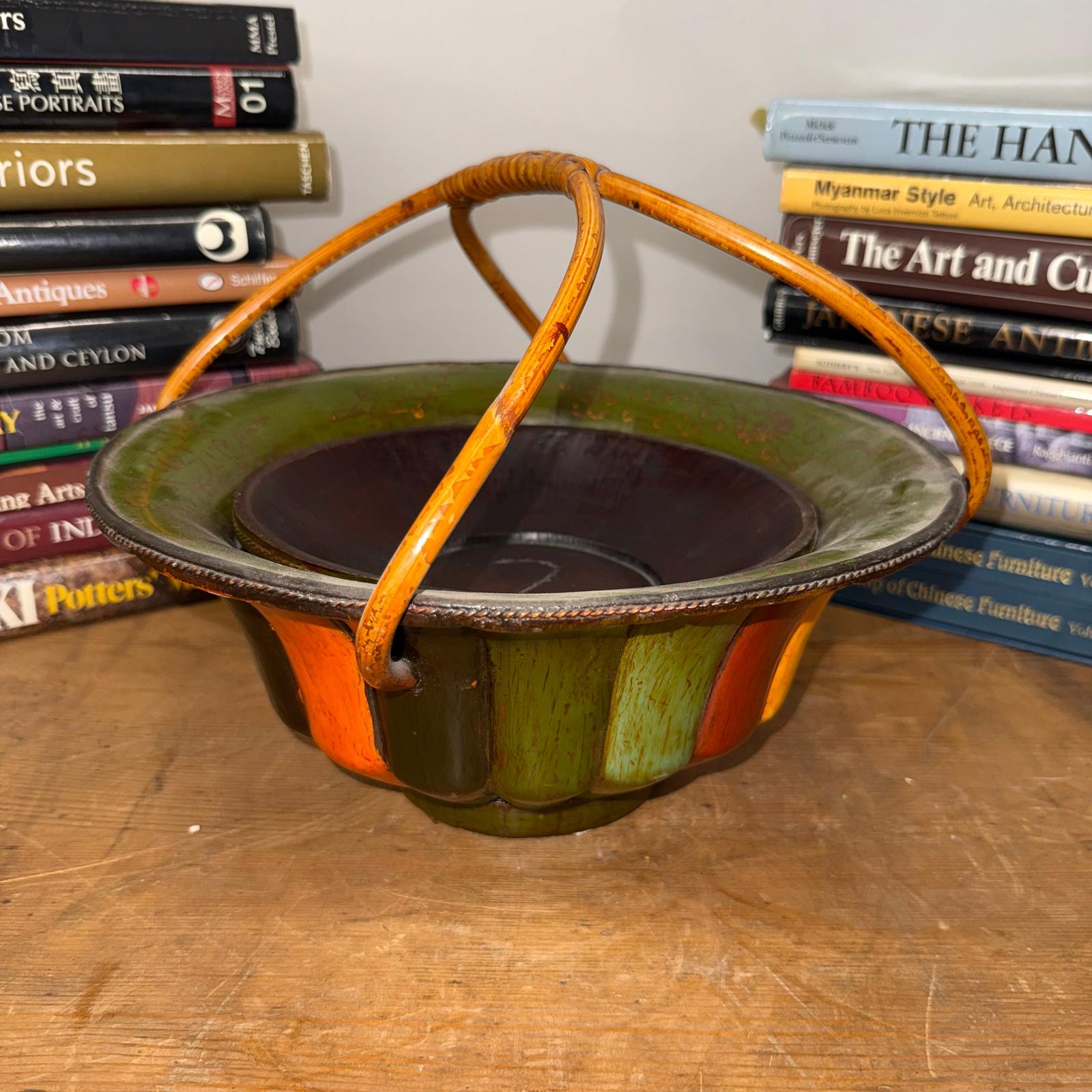 Brown, Green &amp; Yellow Polychrome Basket with Rattan Handle