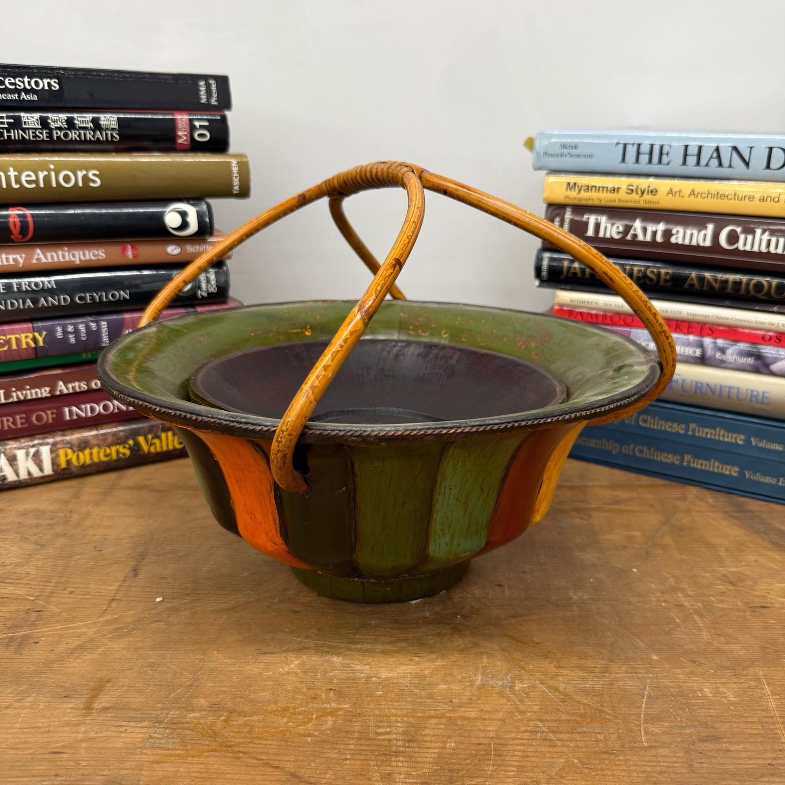 Brown, Green &amp; Yellow Polychrome Basket with Rattan Handle