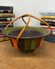 Brown, Green & Yellow Polychrome Basket with Rattan Handle