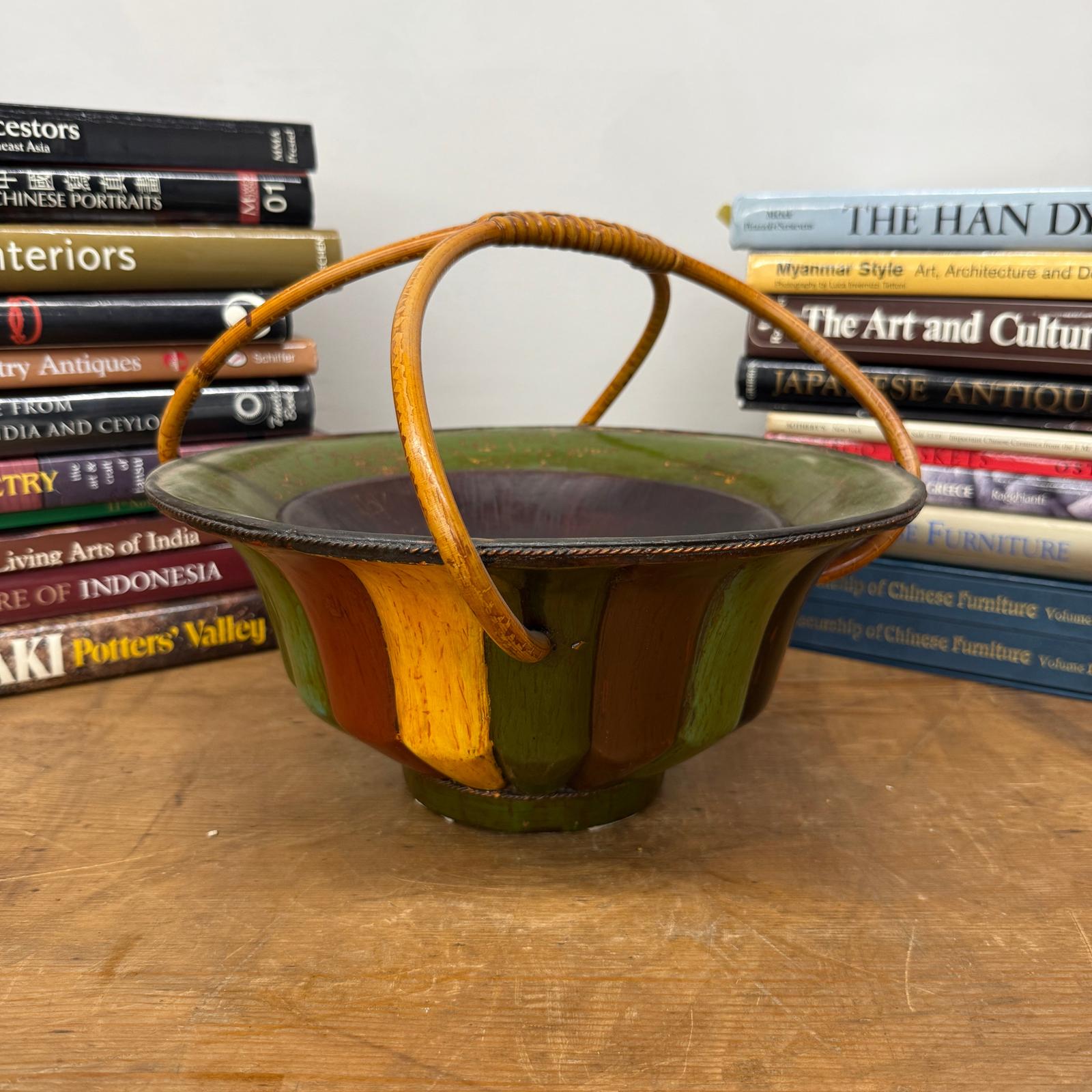 Brown, Green &amp; Yellow Polychrome Basket with Rattan Handle
