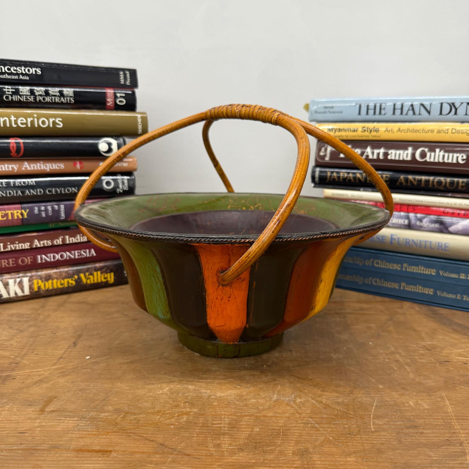 Brown, Green &amp; Yellow Polychrome Basket with Rattan Handle